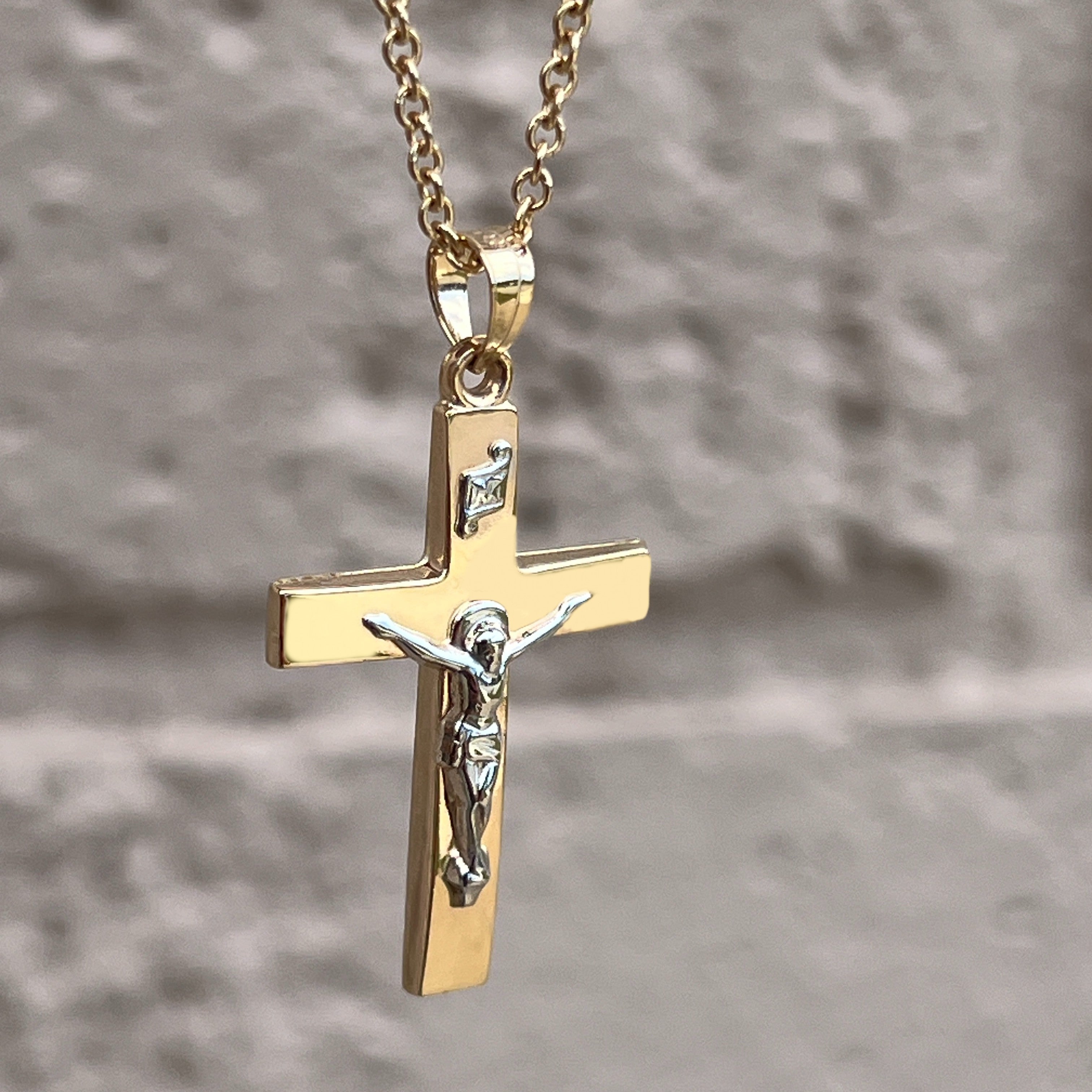 14K Two Tone Gold M Plain Polished INRI Crucifix lifestyle image