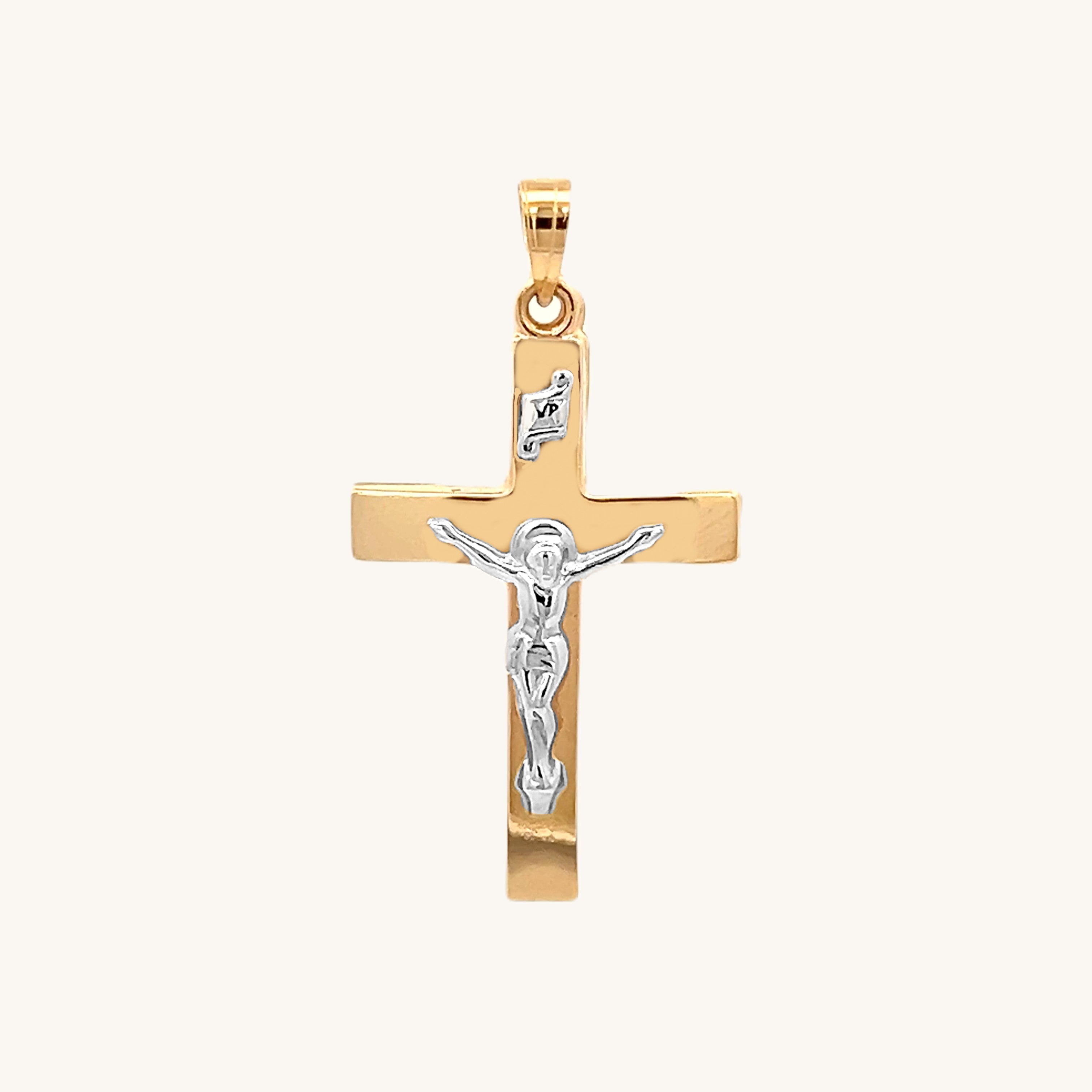 14K Two Tone Gold M Plain Polished INRI Crucifix front image