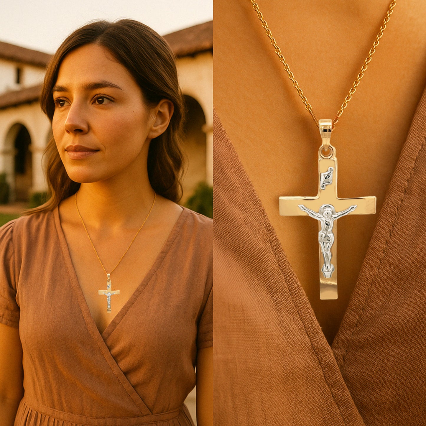14K Two Tone Gold M Plain Polished INRI Crucifix lifestyle woman wearing crucifix on necklace image