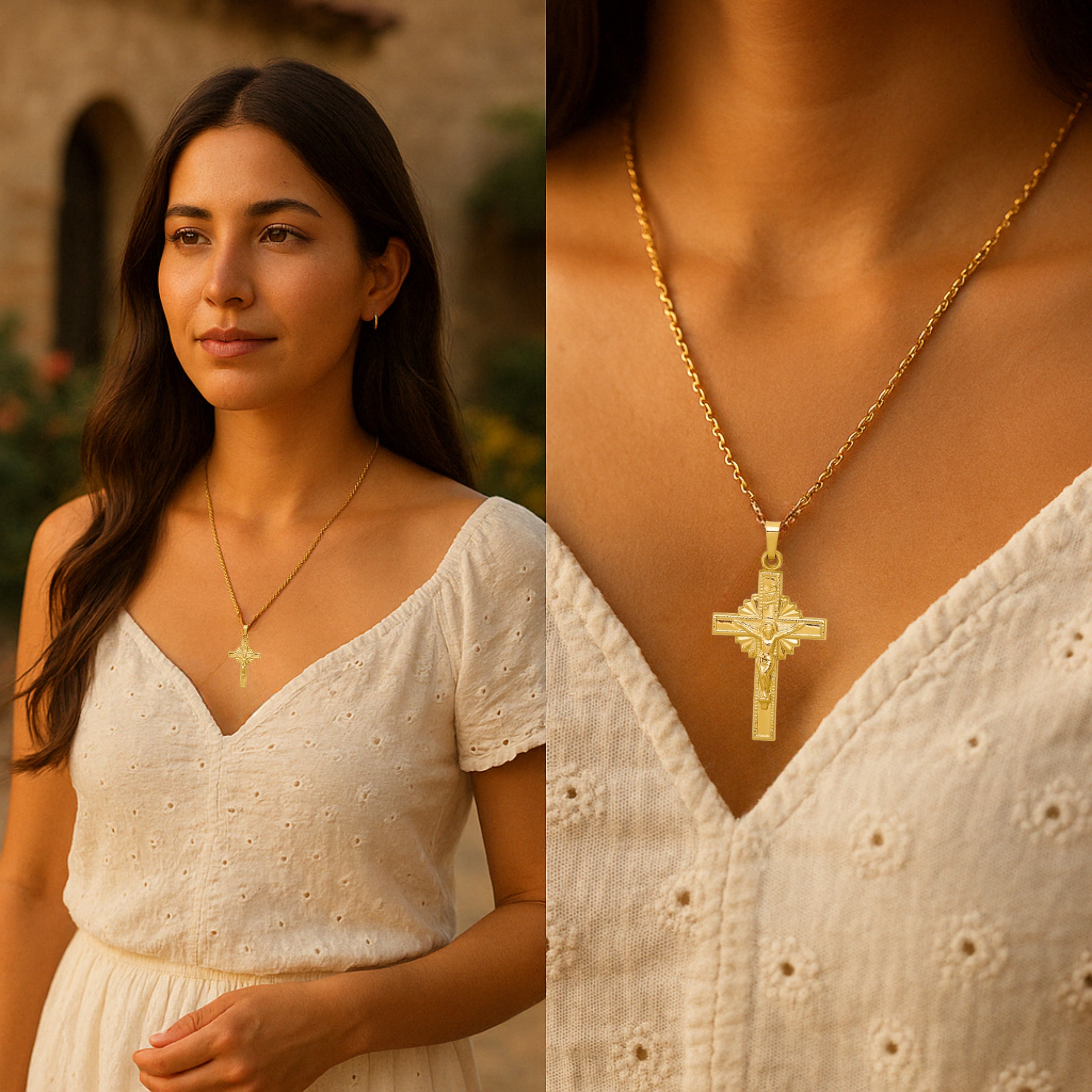 14K Yellow Gold Crucifix M XS Lifestyle woman wearing inri crucifix on chain