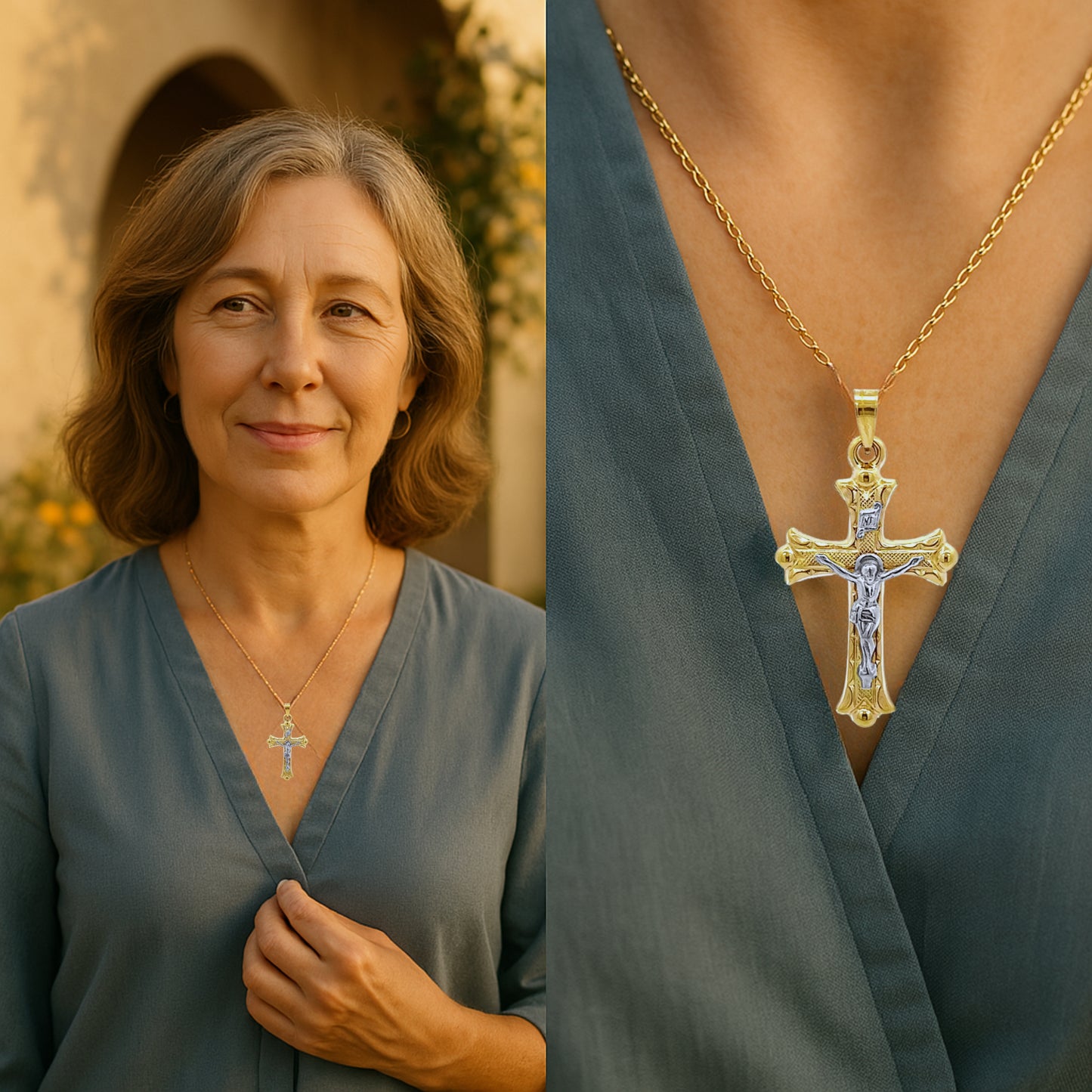 14K White Two Tone Gold Florentine Crucifix L M S Lifestyle woman wearing crucifix on chain 