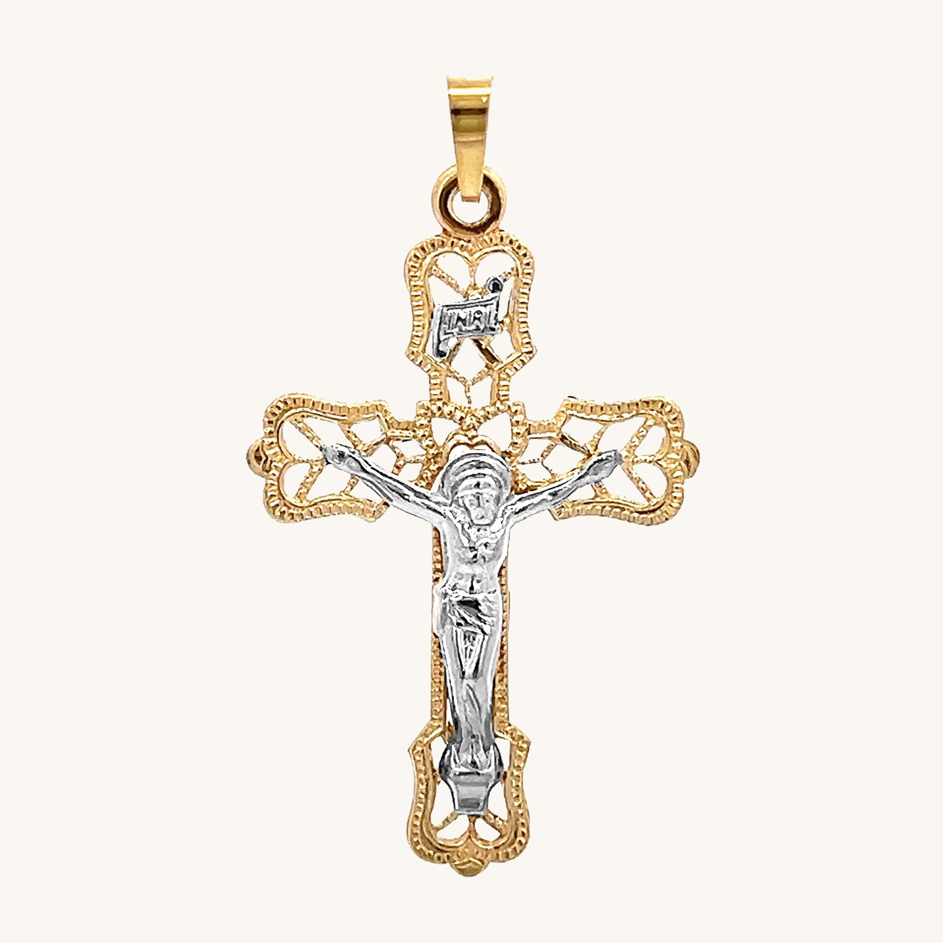 SOLID 14K TWO-TONE GOLD PIERCED INRI CRUCIFIX PENDANT | Cross + Crown