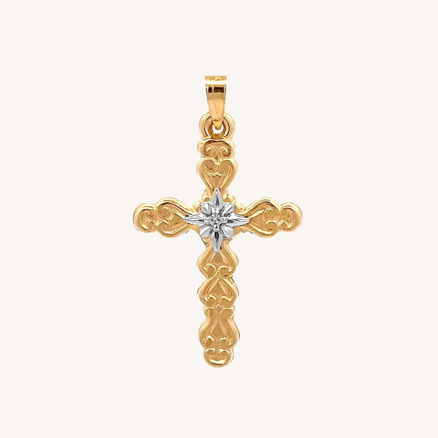 14K Yellow Gold Star Diamond Cross Pendant Necklace M front angle