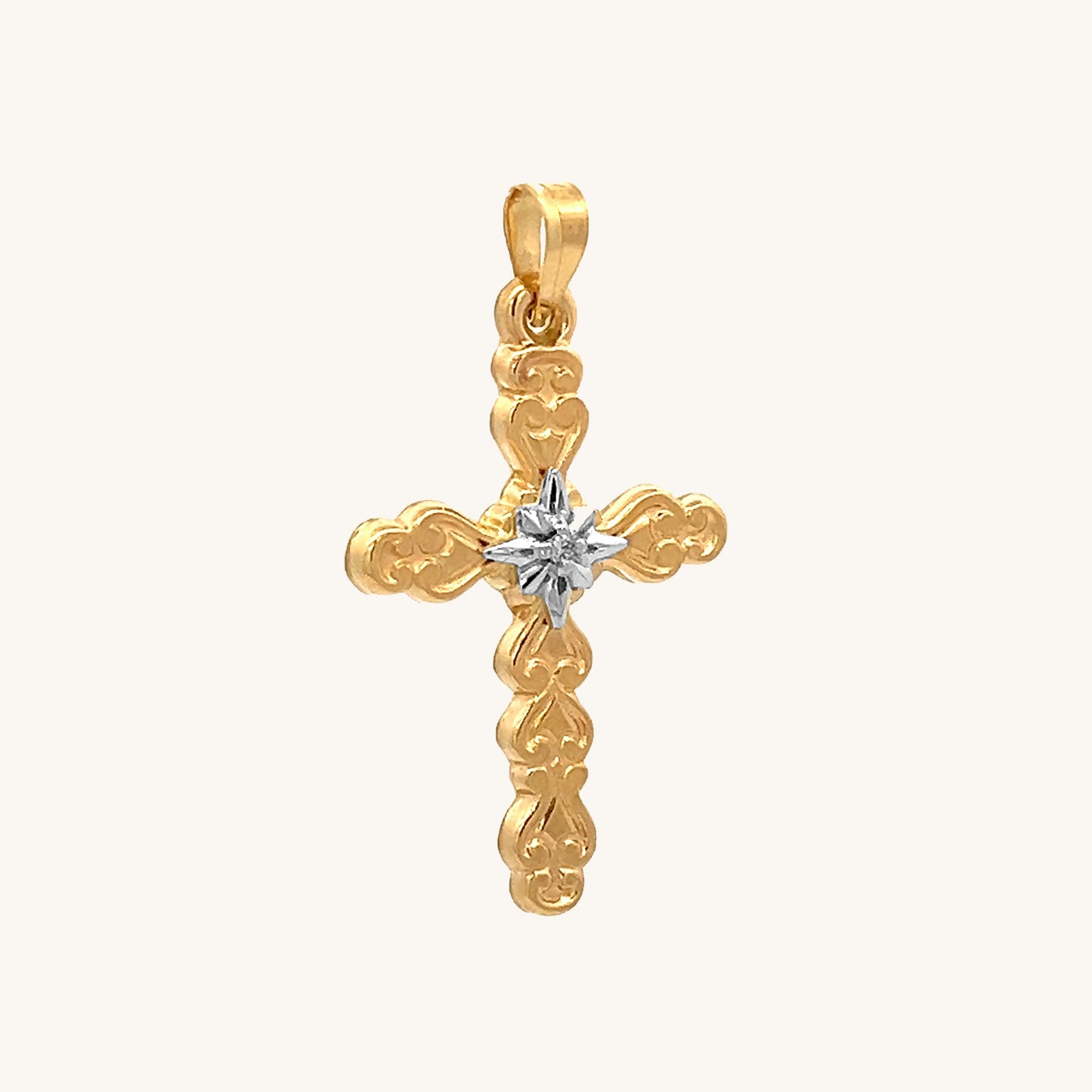 14K Yellow Gold Star Diamond Cross Pendant Necklace M angle