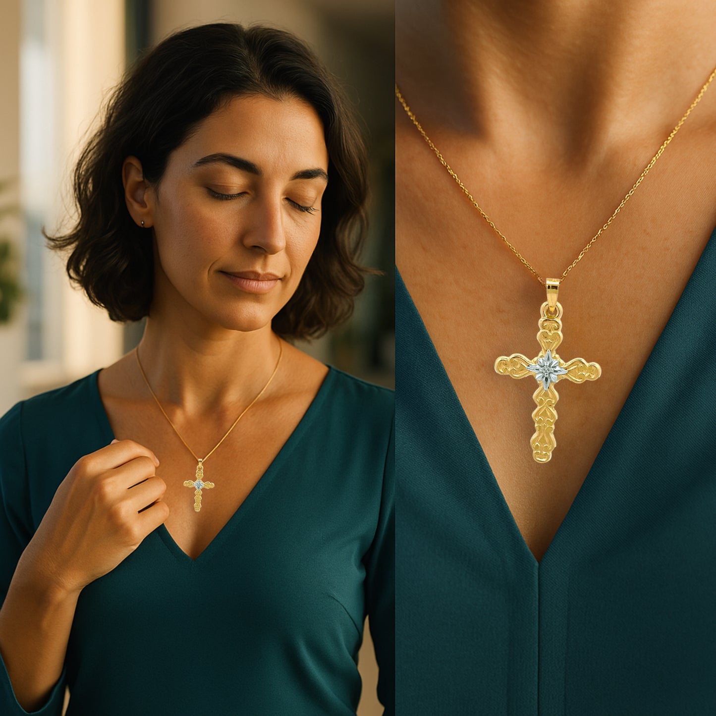 14K Yellow Gold Star Diamond Cross Pendant Necklace M lifestyle woman wearing cross on chain
