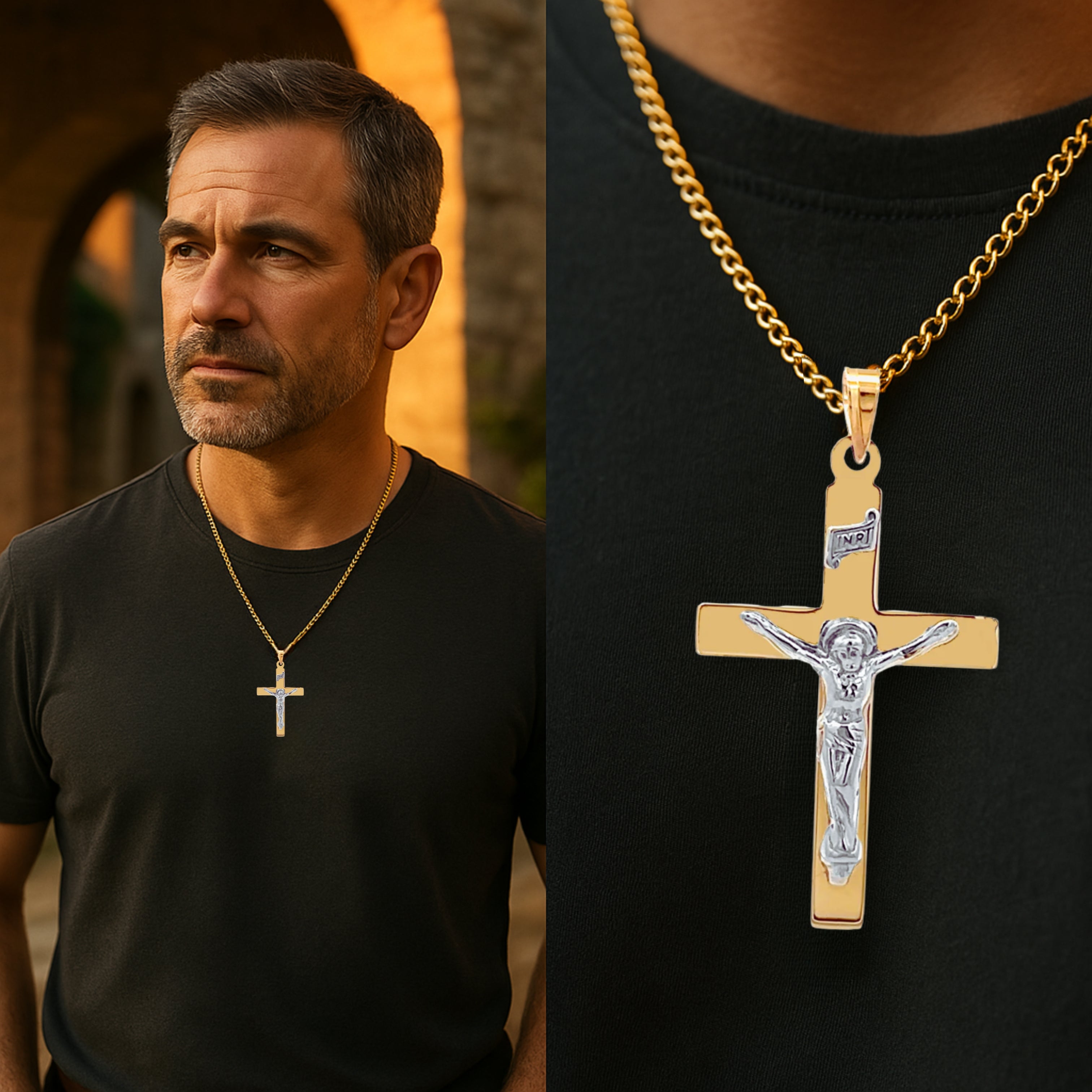 14K White Two Tone Gold Plain INRI Crucifix XXL XL L M S XS Lifestyle man wearing crucifix on chain