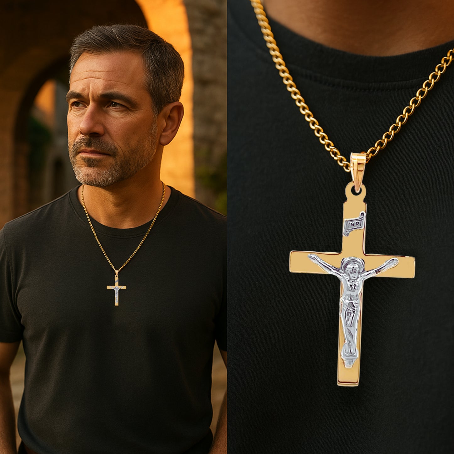 14K White Two Tone Gold Plain INRI Crucifix XXL XL L M S XS Lifestyle man wearing crucifix on chain