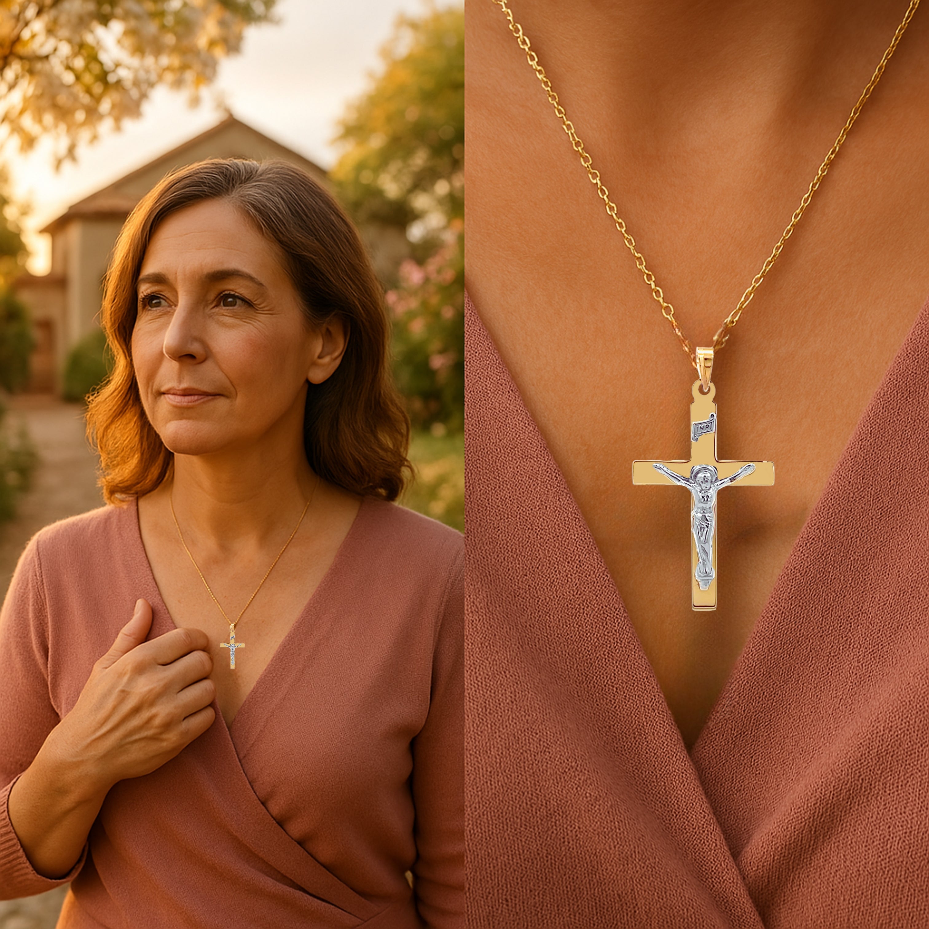 14K White Two Tone Gold Plain INRI Crucifix XXL XL L M S XS Lifestyle woman wearing crucifix on chain