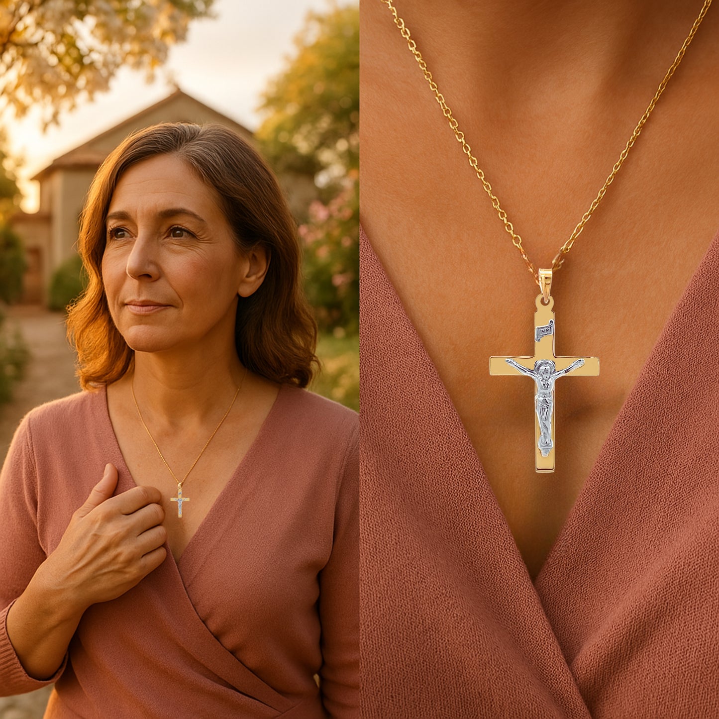 14K White Two Tone Gold Plain INRI Crucifix XXL XL L M S XS Lifestyle woman wearing crucifix on chain