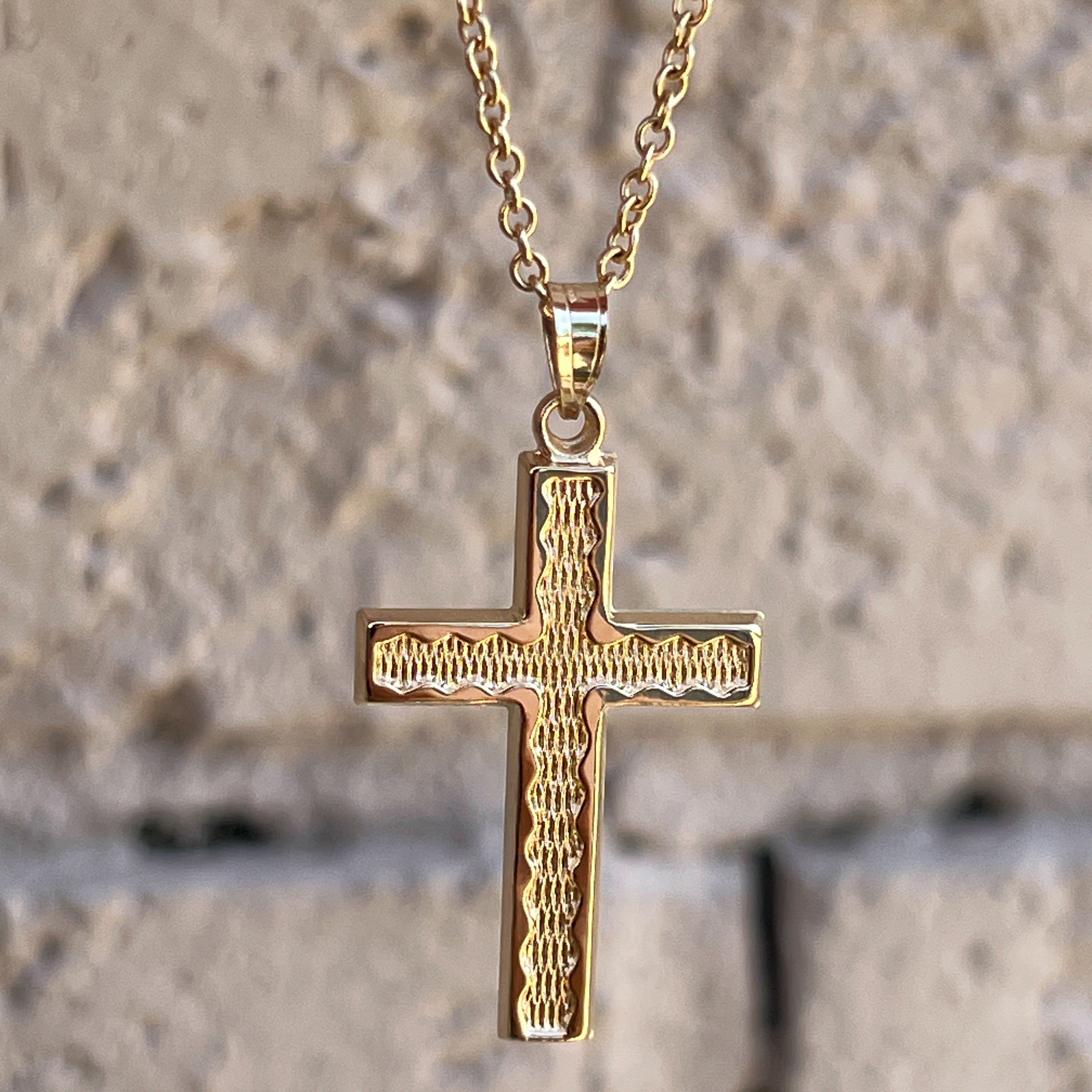 14K Yellow Gold Cross L M S XS Lifestyle rippled texture cross