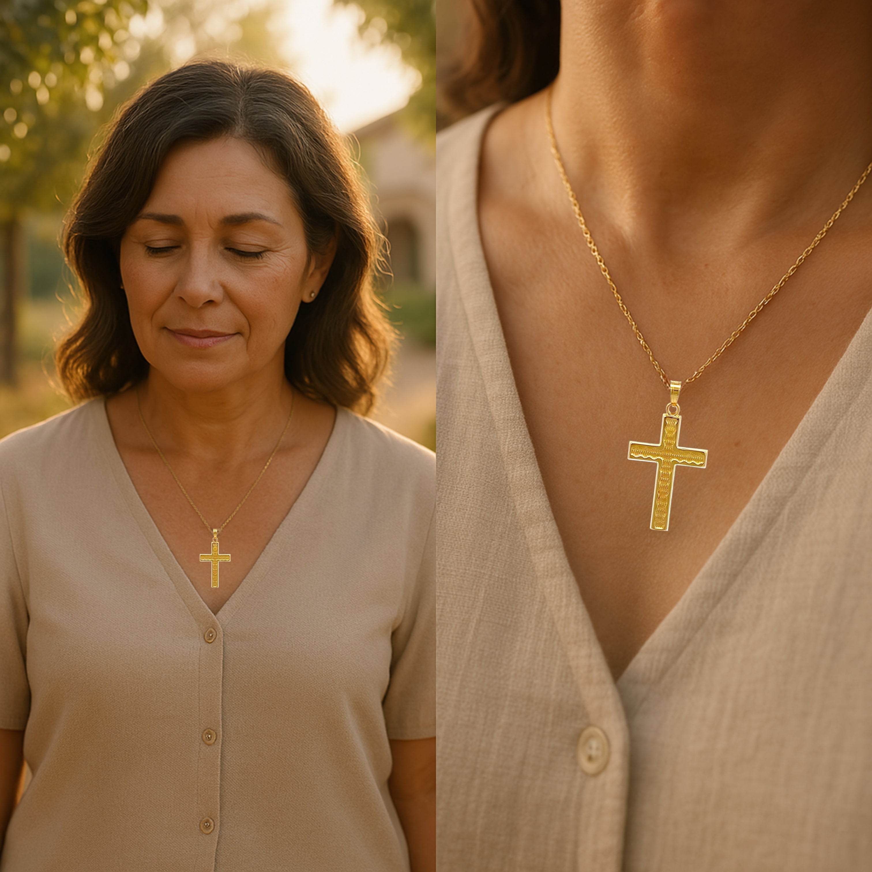 14K Yellow Gold Cross L M S XS Lifestyle woman wearing rippled texture cross on necklace