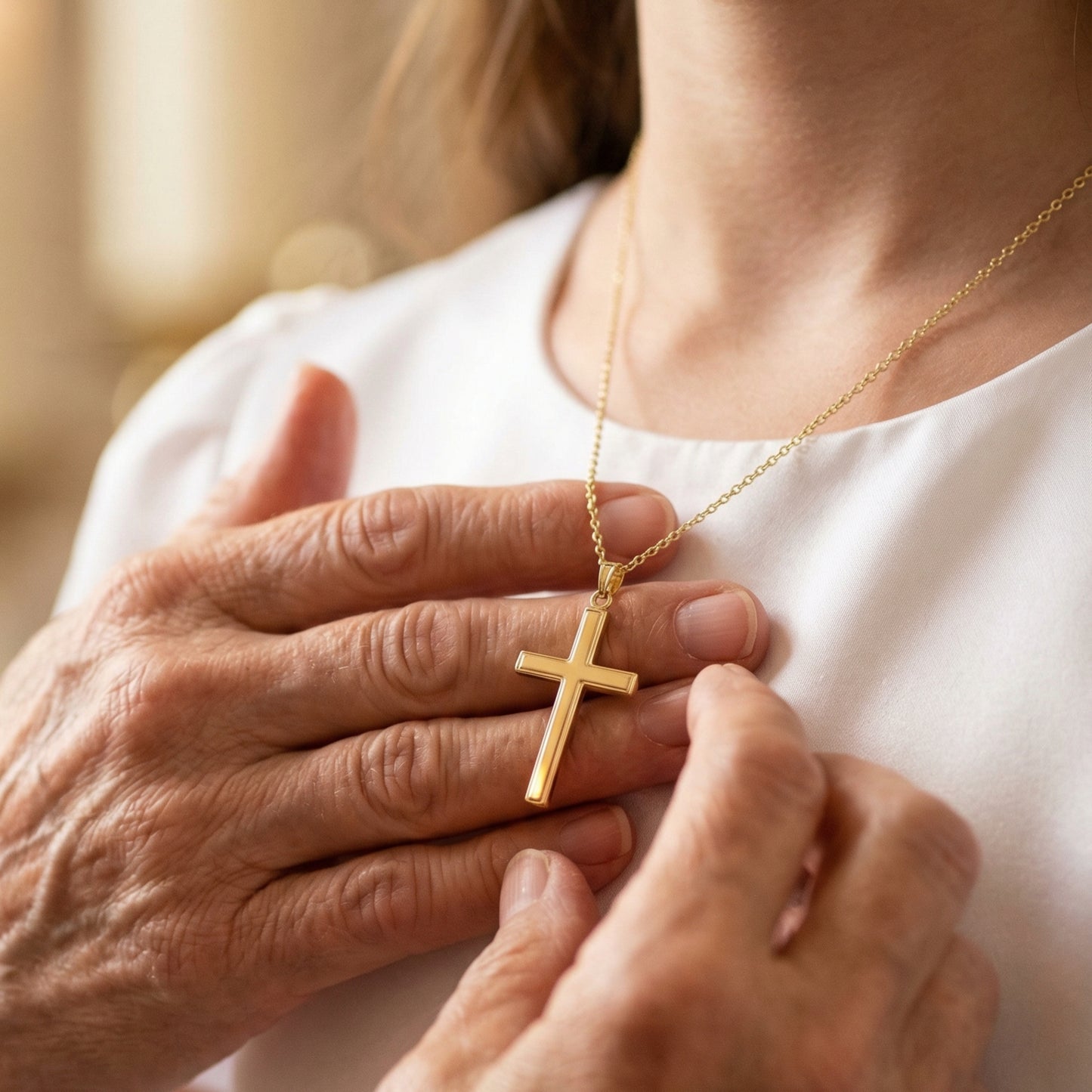 14K White Yellow Gold Plain reversible cross XXL XL L M S XS gift to girl from grandmother lifestyle image