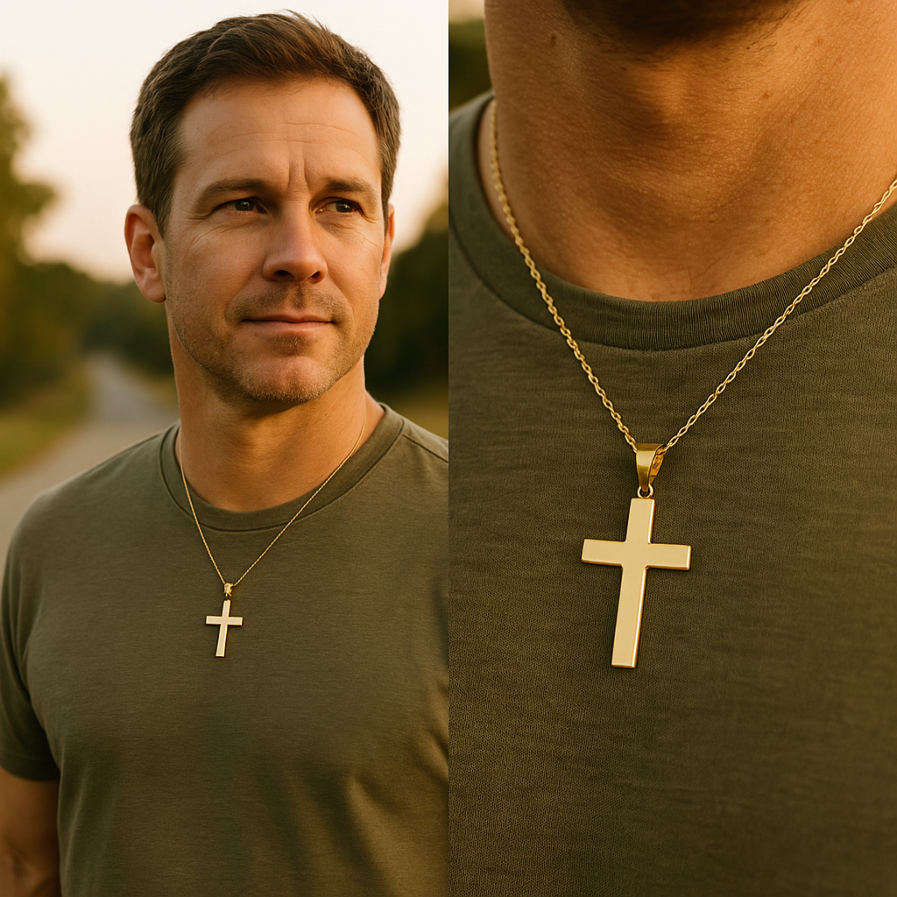 14K White Yellow Gold Plain reversible cross XXL XL L M S XS on man wearing pendant