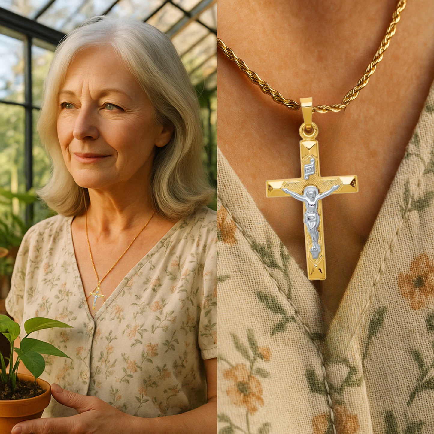 14K Two Tone White Gold INRI Crucifix Textured Cross Necklace L M S XS lifestyle woman wearing crucifix on chain