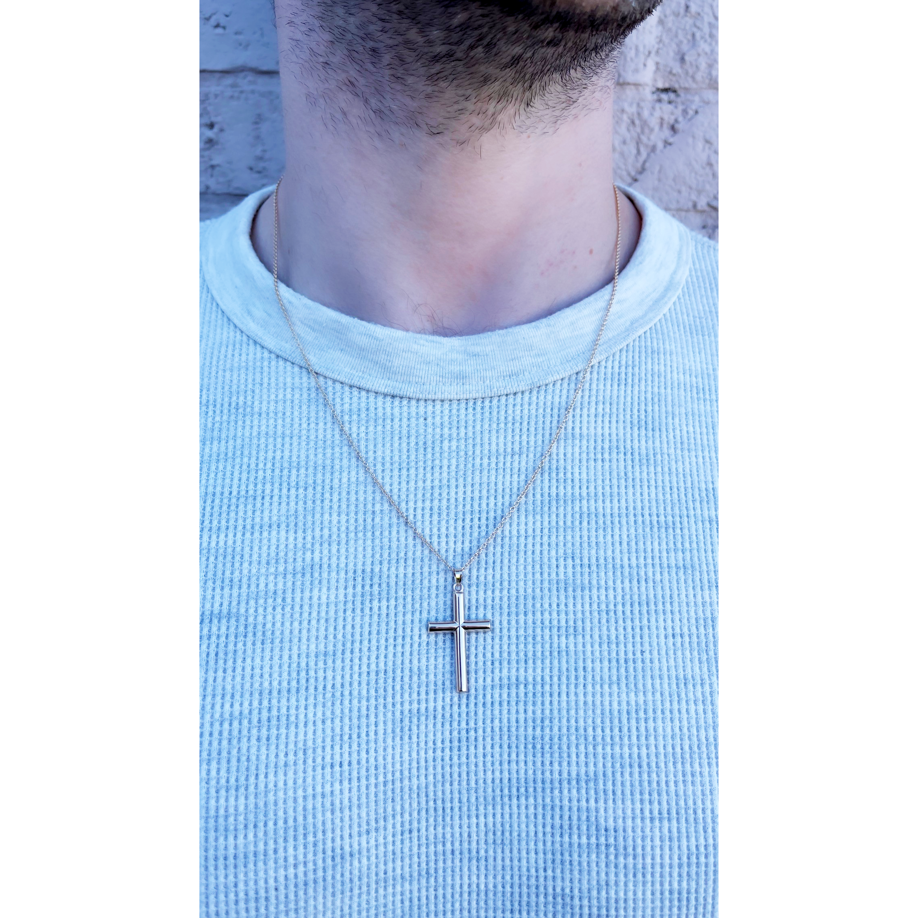 Solid 14K Double Bonded Gold Tube Cross Pendant only XXL XS lifestyle image on man