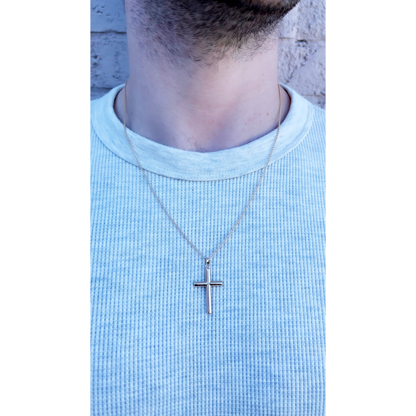 Solid 14K Double Bonded Gold Tube Cross Pendant only XXL XS lifestyle image on man