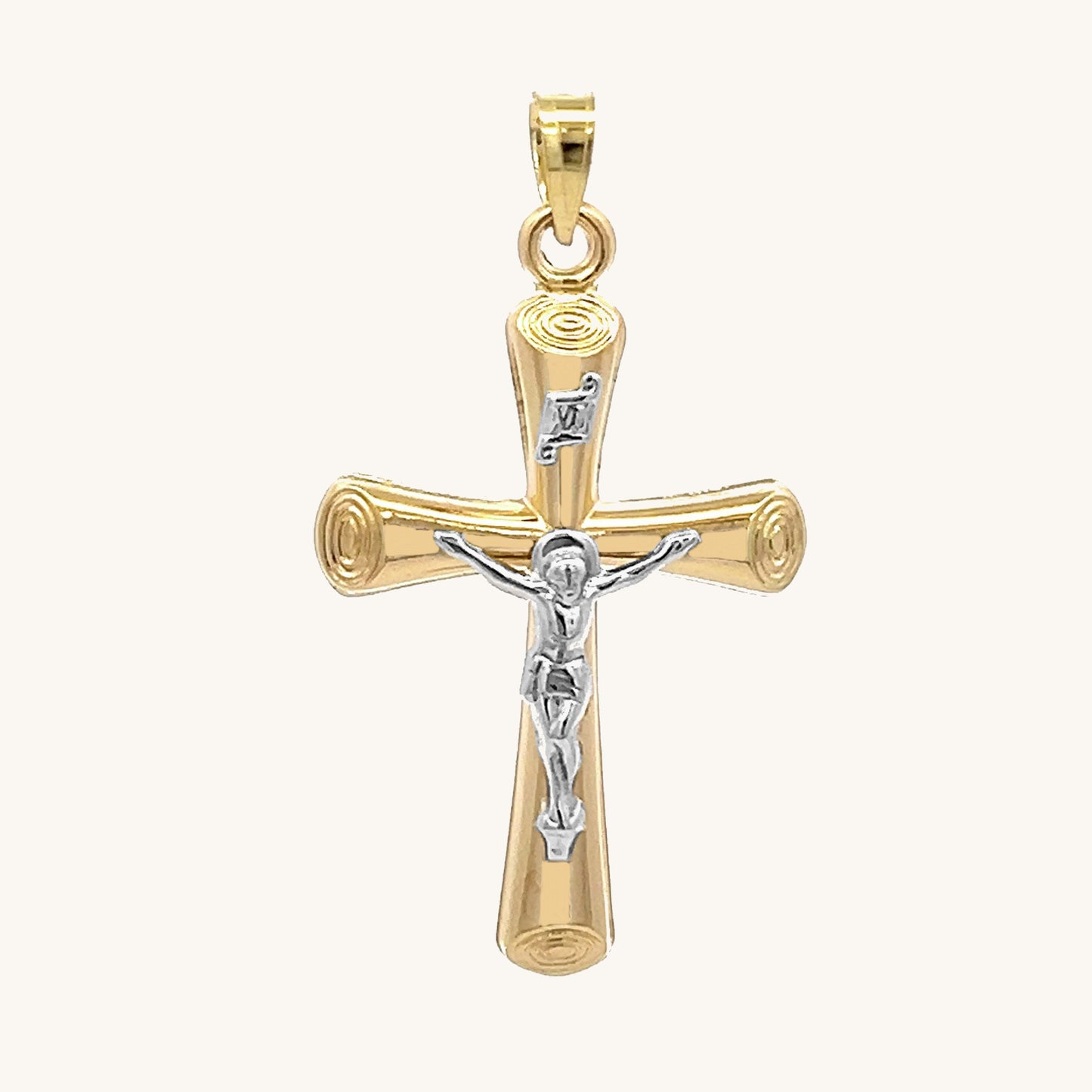 14K Two Tone Gold Circle Edge Crucifix L