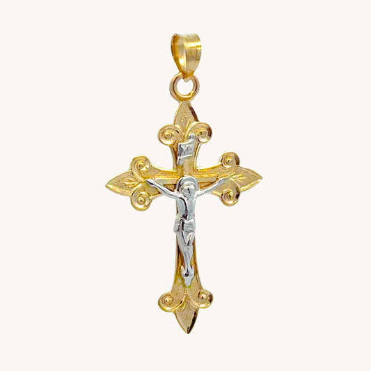 Solid 14K two tone gold crucifix pendant featuring a yellow gold fleur-de-lis cross with a white gold corpus of Christ and INRI plaque L M S front view
