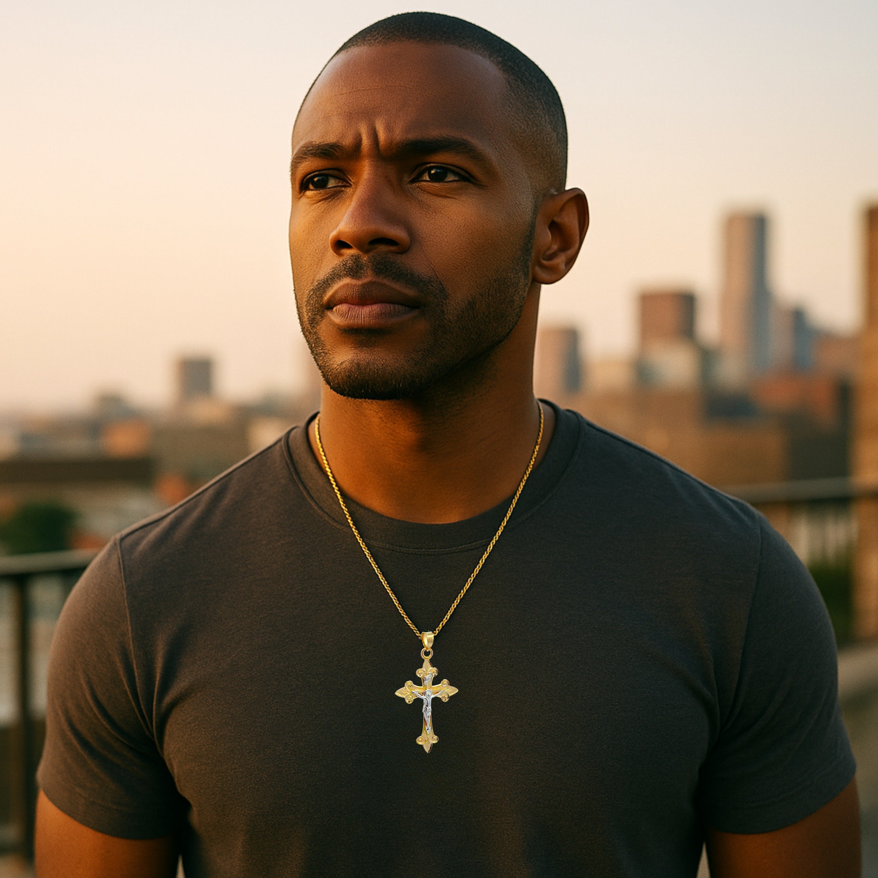 Solid 14K two tone gold crucifix pendant featuring a yellow gold fleur-de-lis cross with a white gold corpus of Christ and INRI plaque L M S lifestyle on man