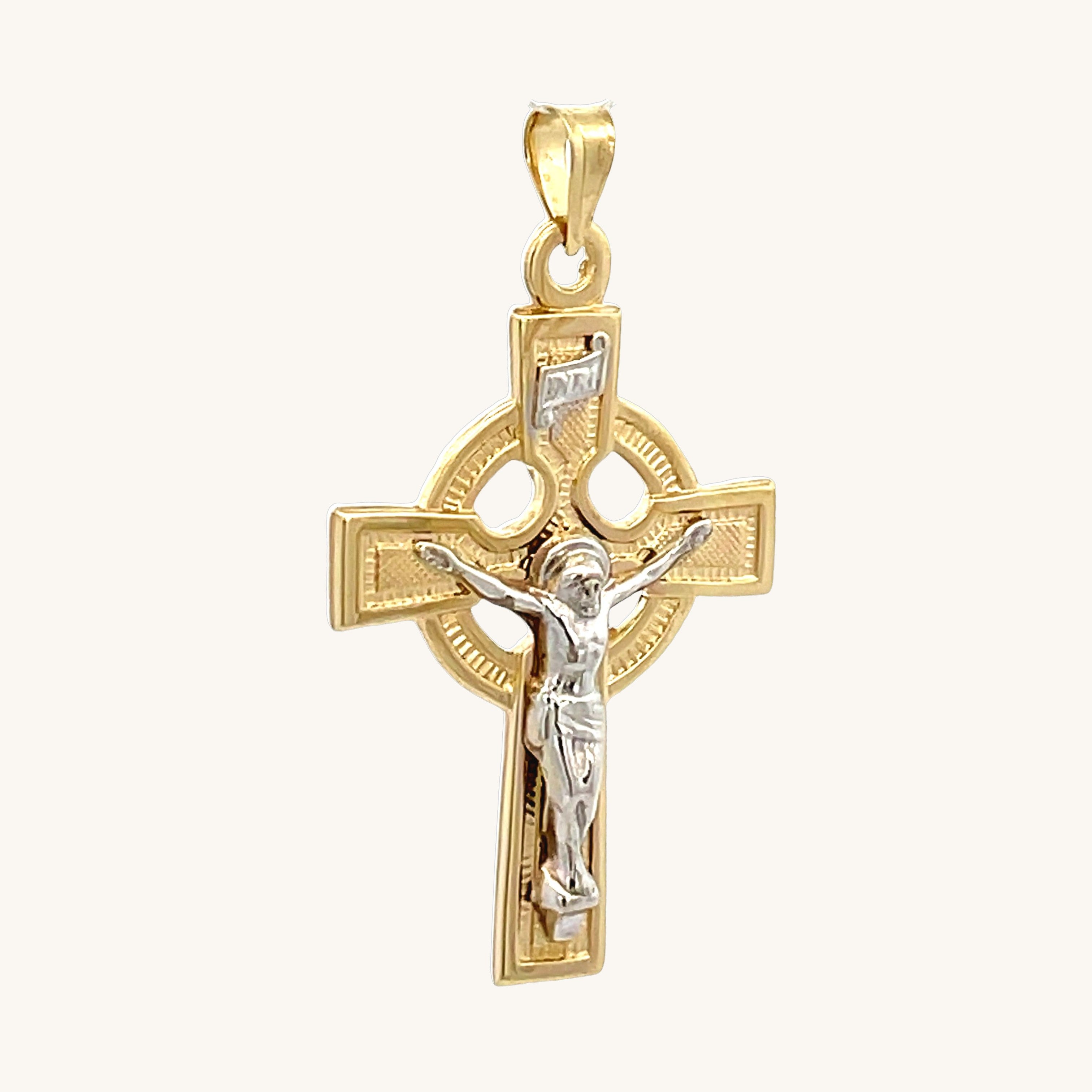 14K Two Tone Gold Celtic Crucifix L S