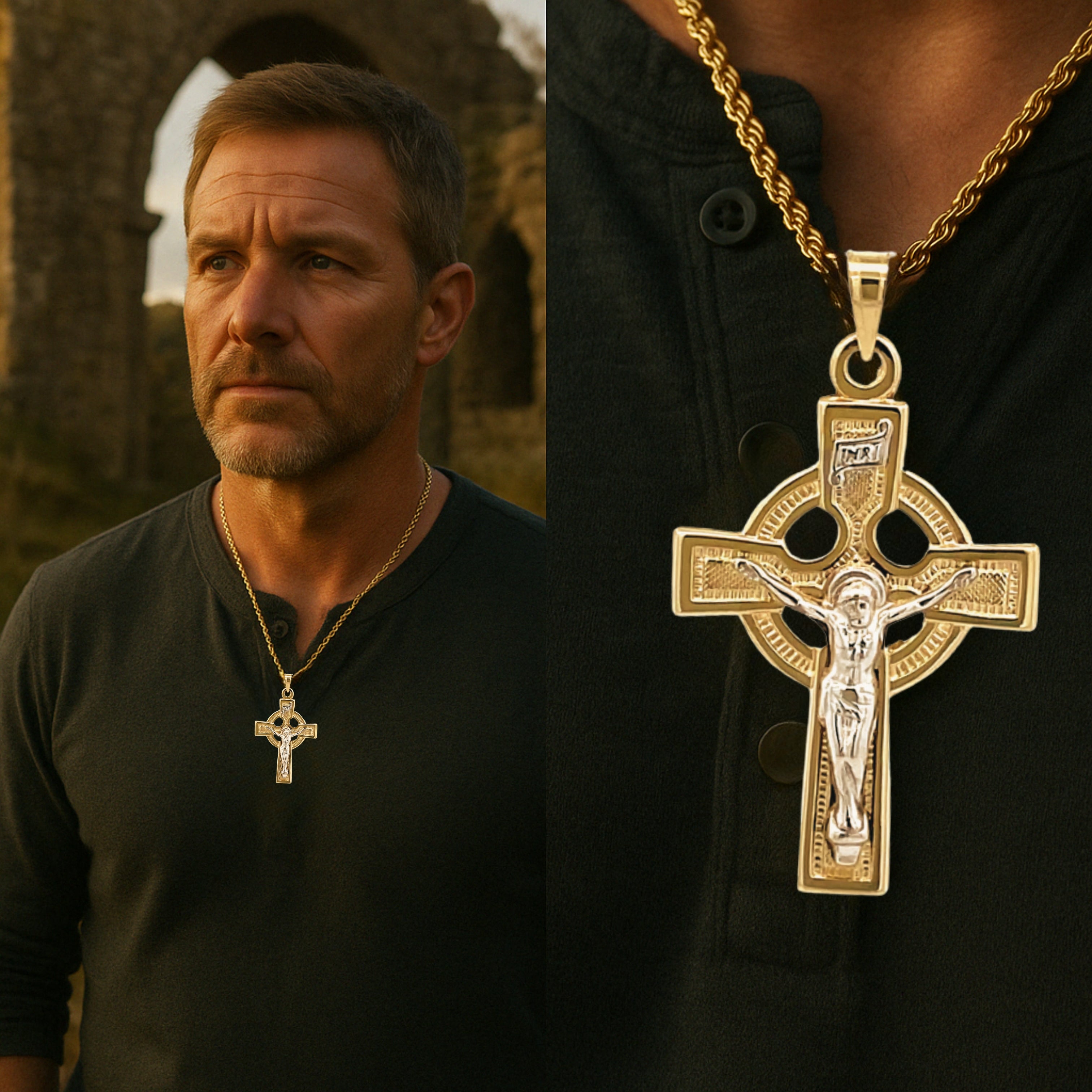 14K White Two Tone Gold Celtic Crucifix L S Lifestyle man wearing crucifix on chain