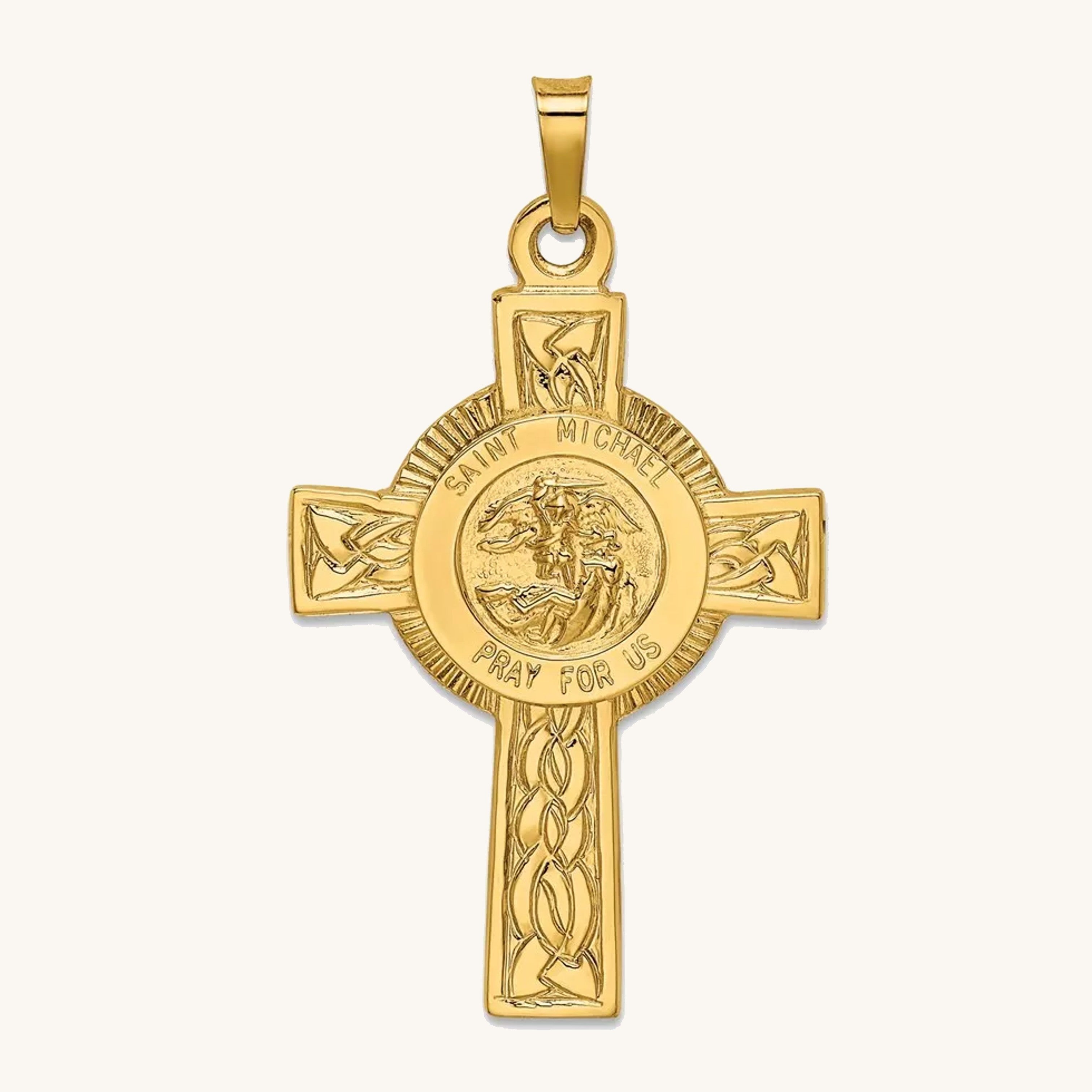 Solid 14K Yellow Gold Saint Michael Cross Pendant L front image
