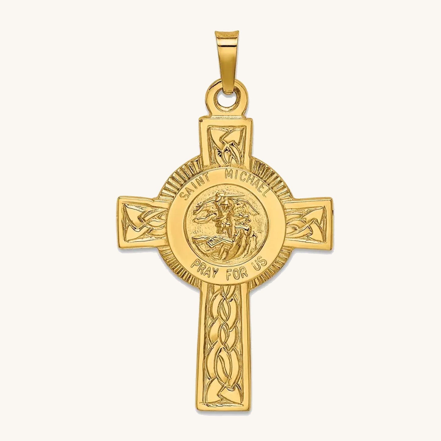 Solid 14K Yellow Gold Saint Michael Cross Pendant L front image
