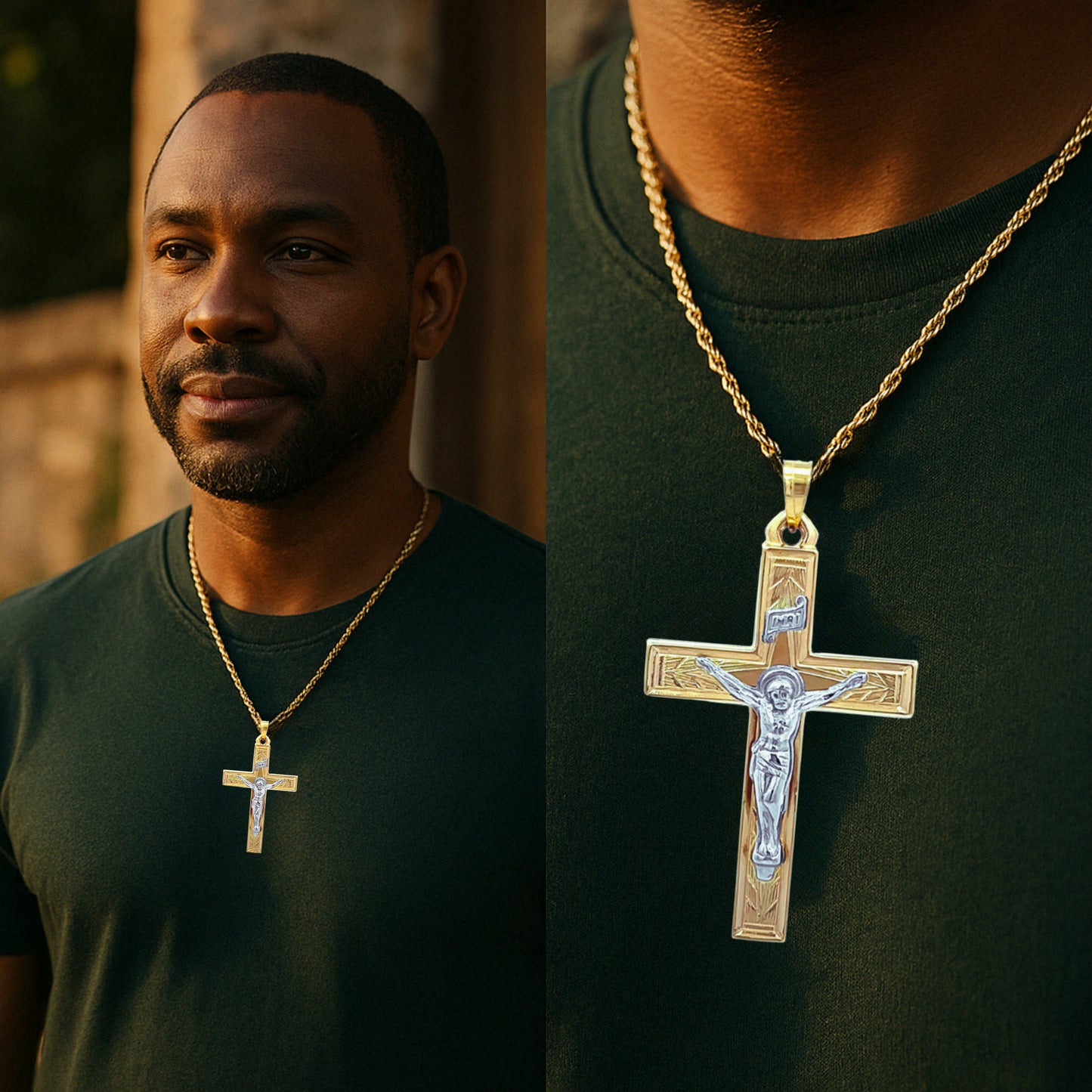 14K Two Tone Gold Design INRI Crucifix L M S lifestyle man wearing crucifix on chain