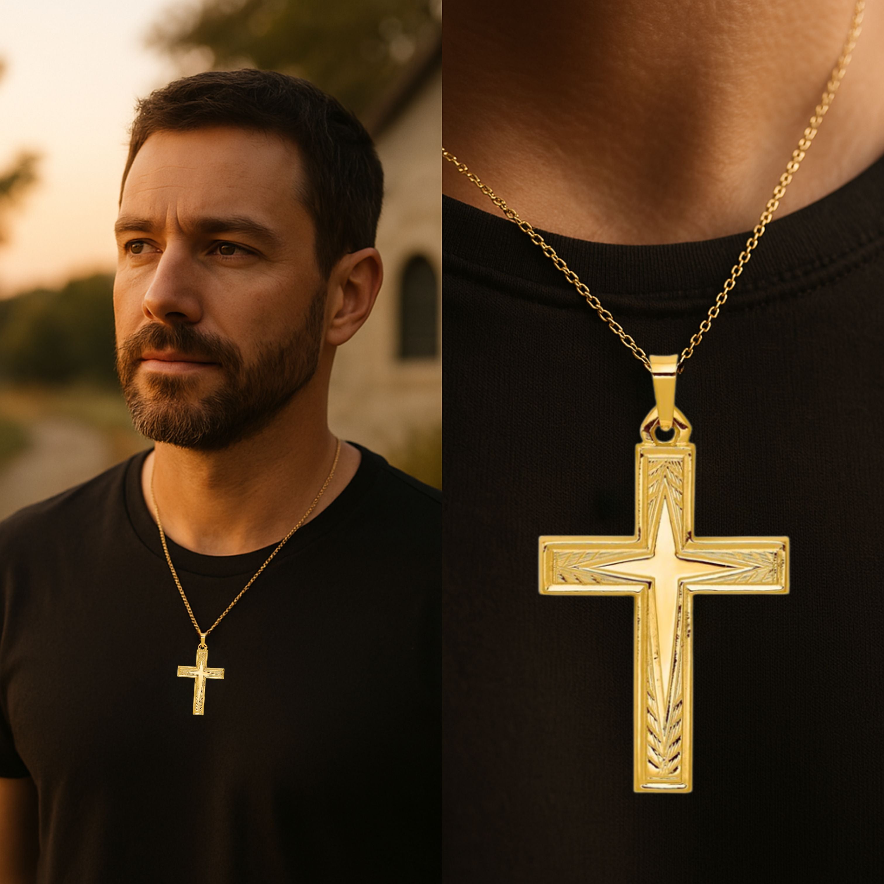 Solid 14K Double Bonded Gold Filled L Engraved Design Cross pendant only lifestyle on man image