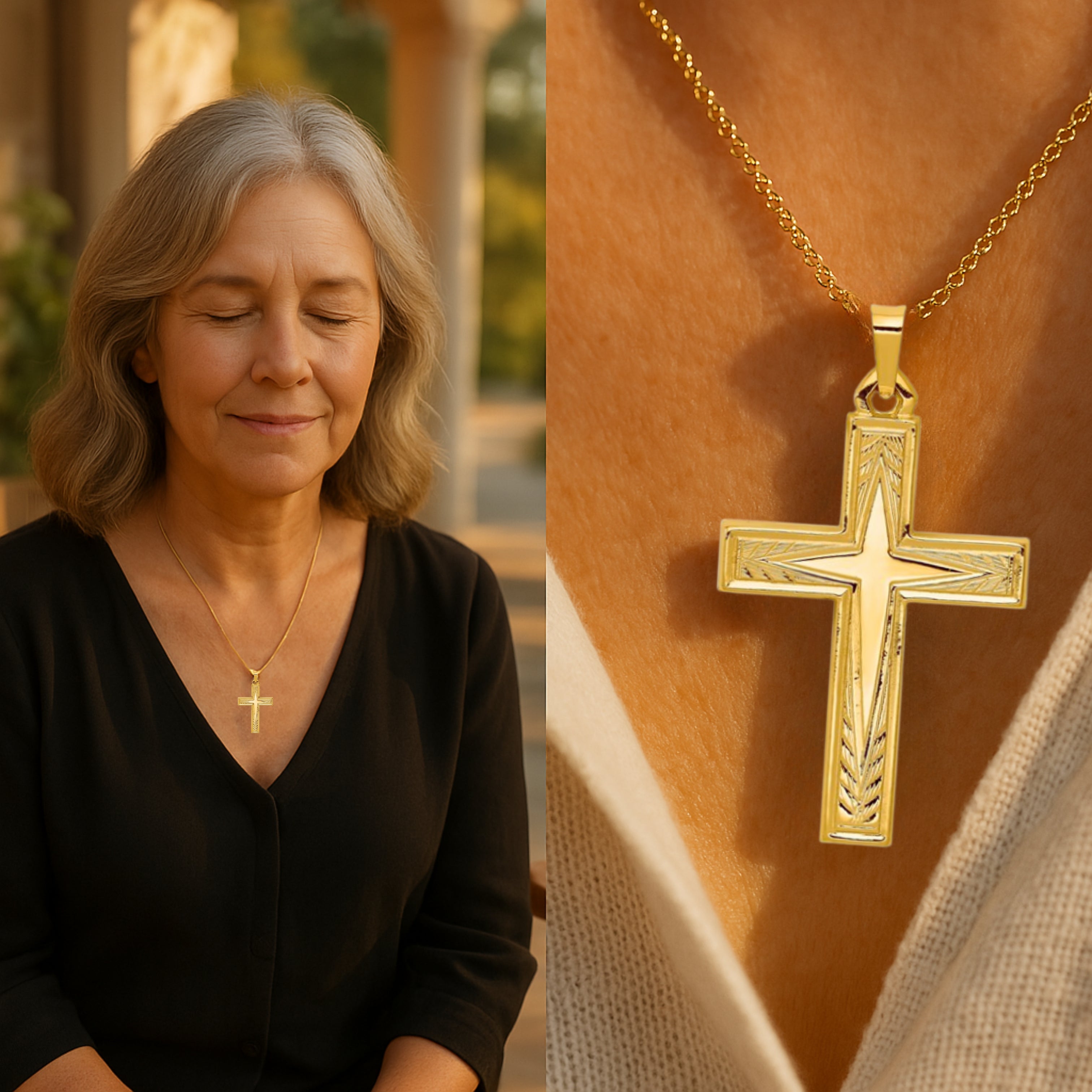 14K Yellow Gold Cross L M S lifestyle image woman wearing pendant on necklace