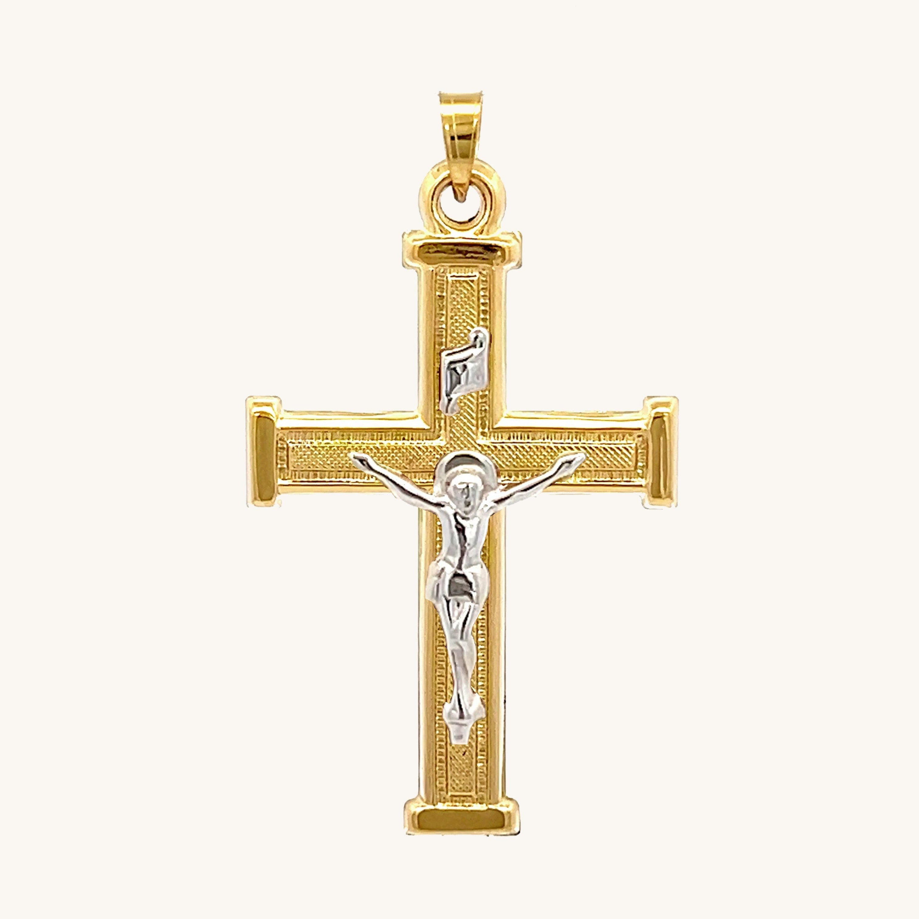 14K Two Tone Gold Textured Square Crucifix L