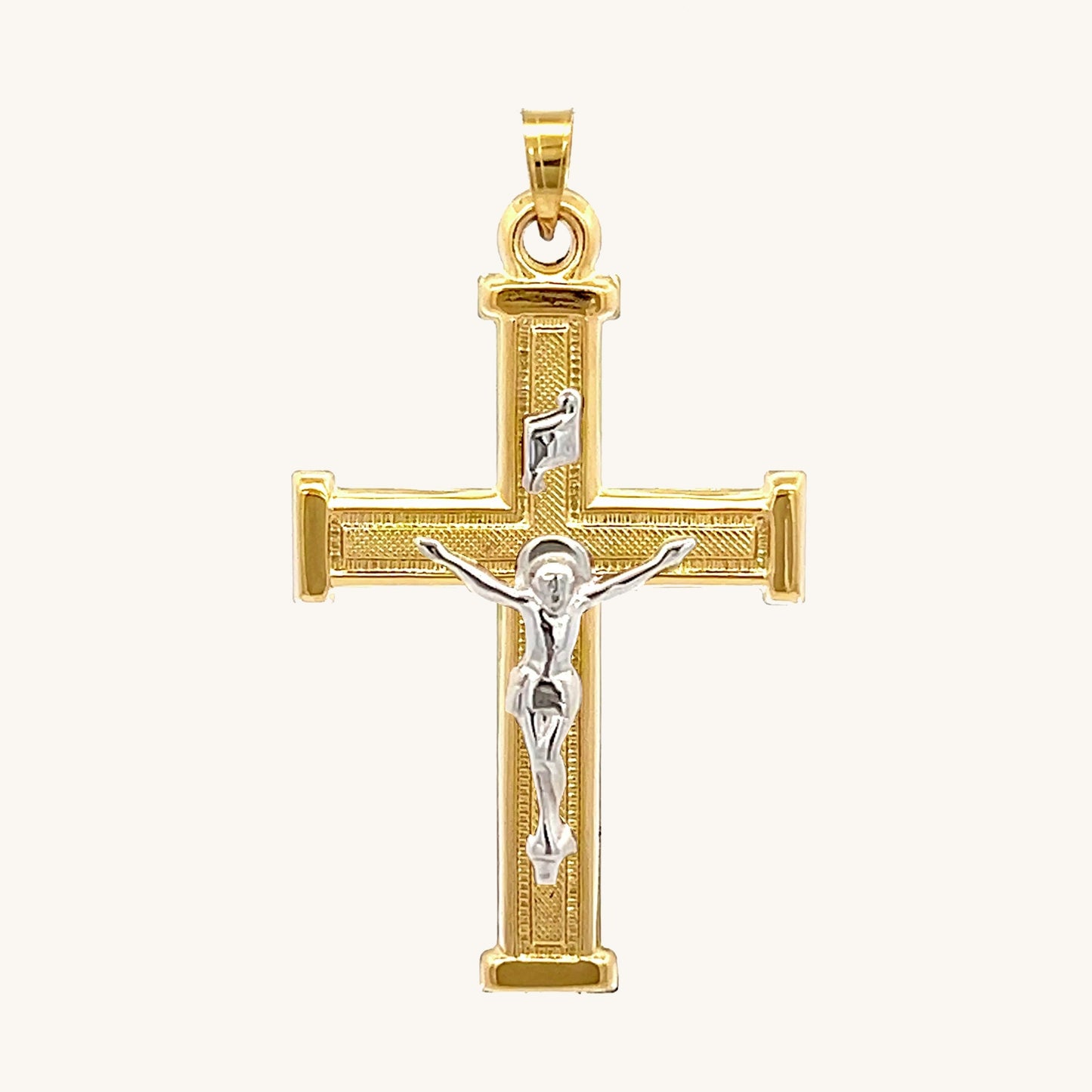 14K Two Tone Gold Textured Square Crucifix L