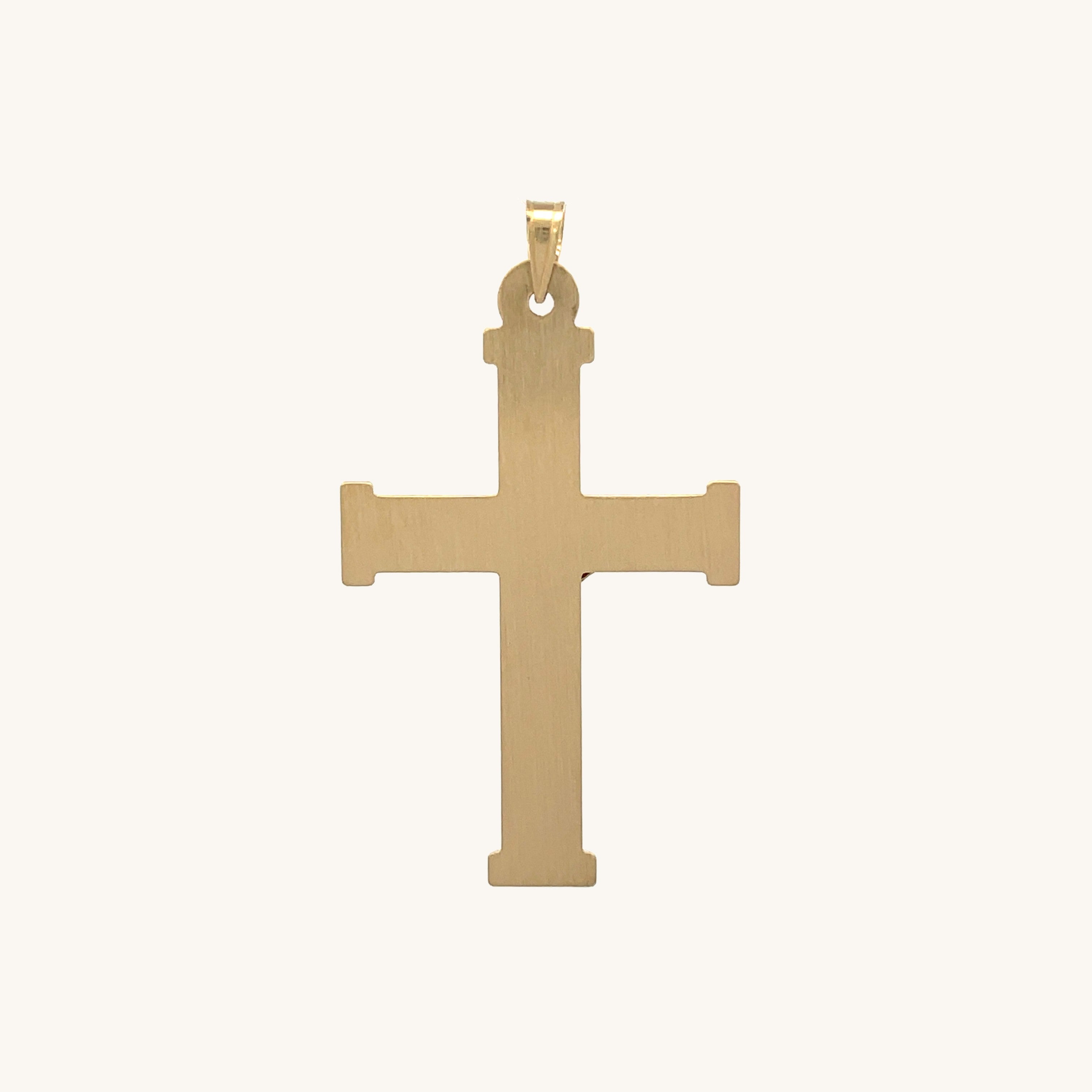 14K Double Bonded Gold INRI Crucifix L textured squared edge cross pendant only back image