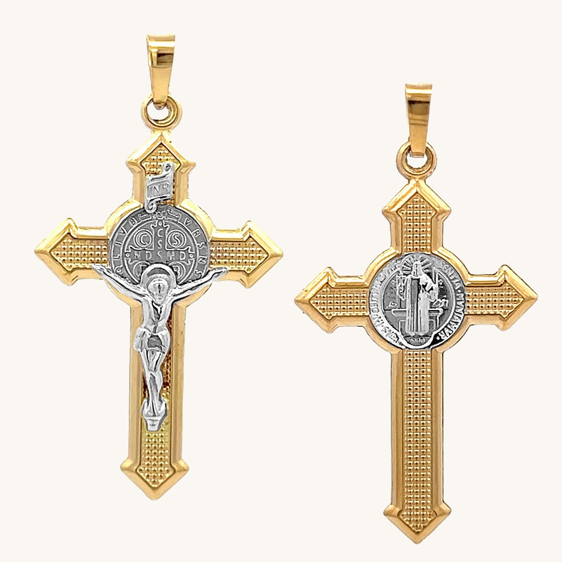 14K GOLD SAINT BENEDICT INRI CRUCIFIX PENDANT | Cross + Crown