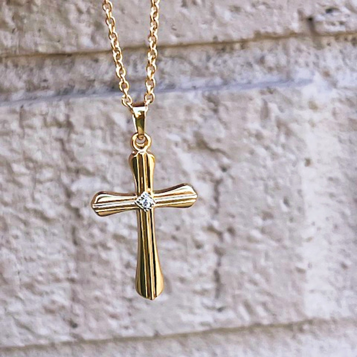 14K Yellow Gold Diamond Groove Cross Pendant Necklace M lifestyle on chain image