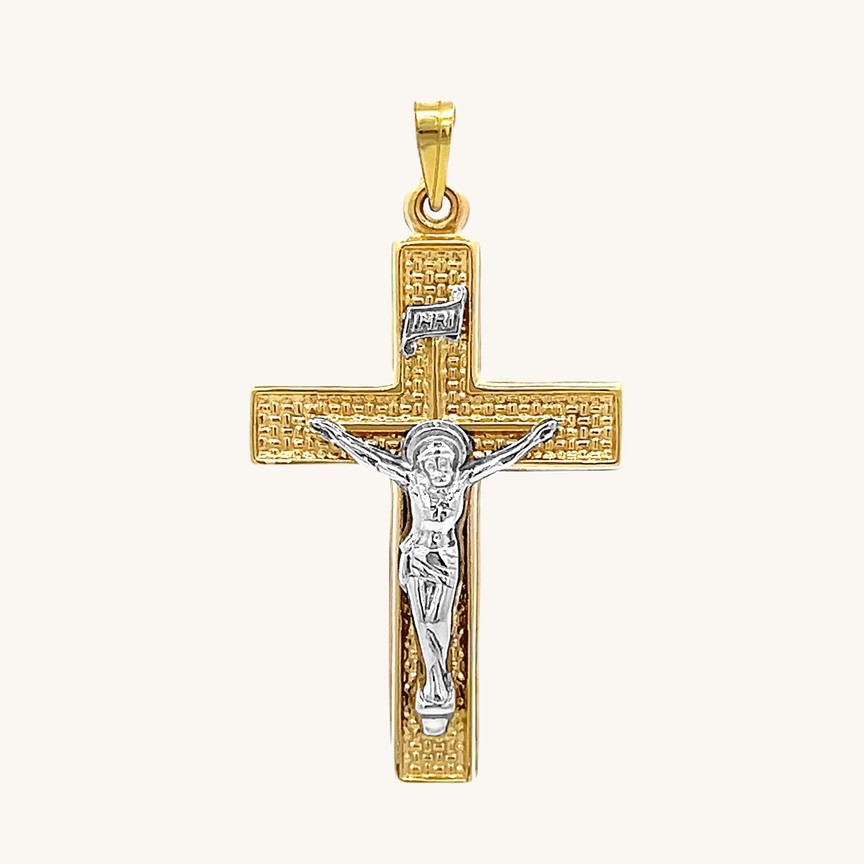 14K TWO-TONE GOLD WEAVE-TEXTURED LARGE INRI CRUCIFIX | Cross + Crown