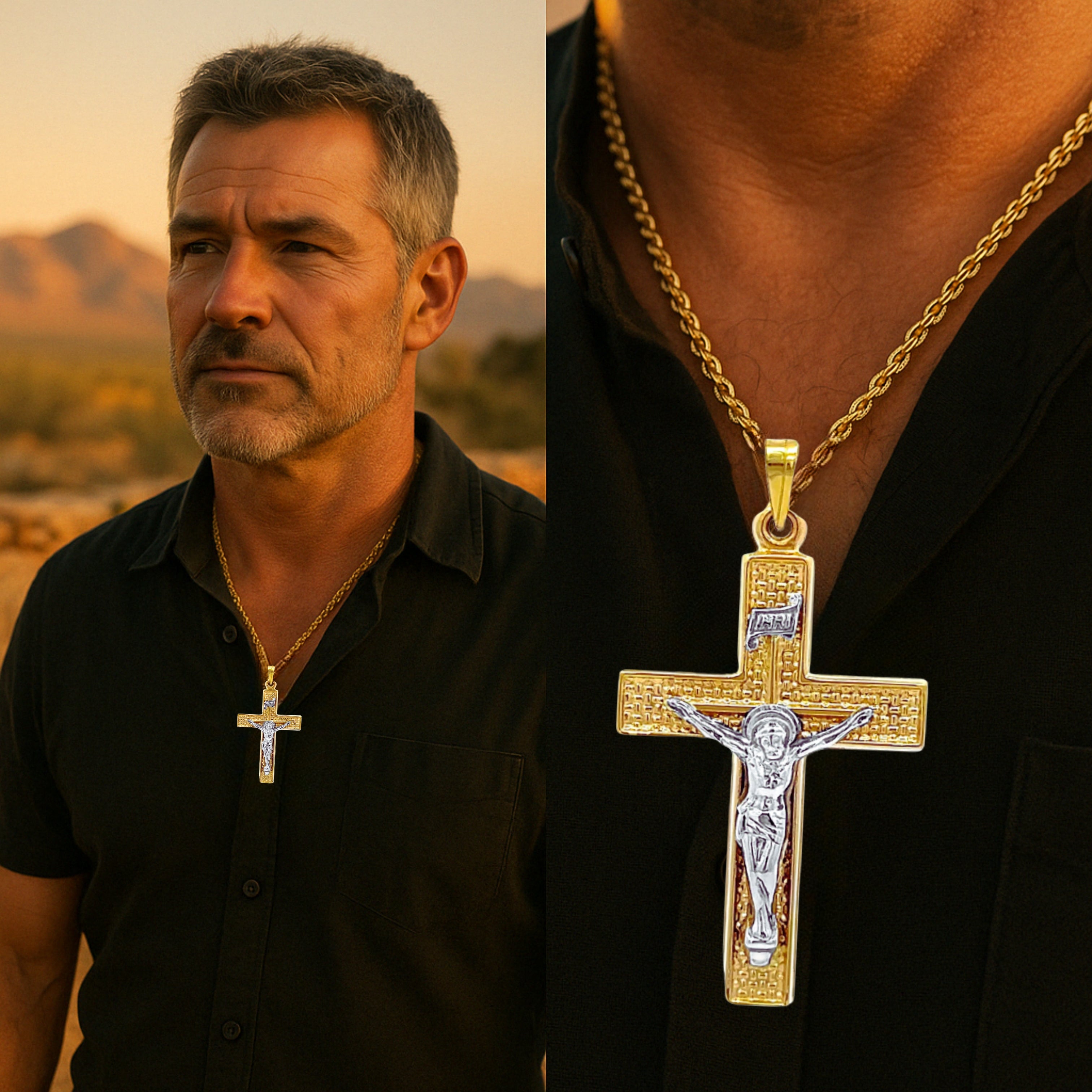14K Two Tone Gold L Crucifix lifestyle man wearing inri crucifix on chain weaved cross