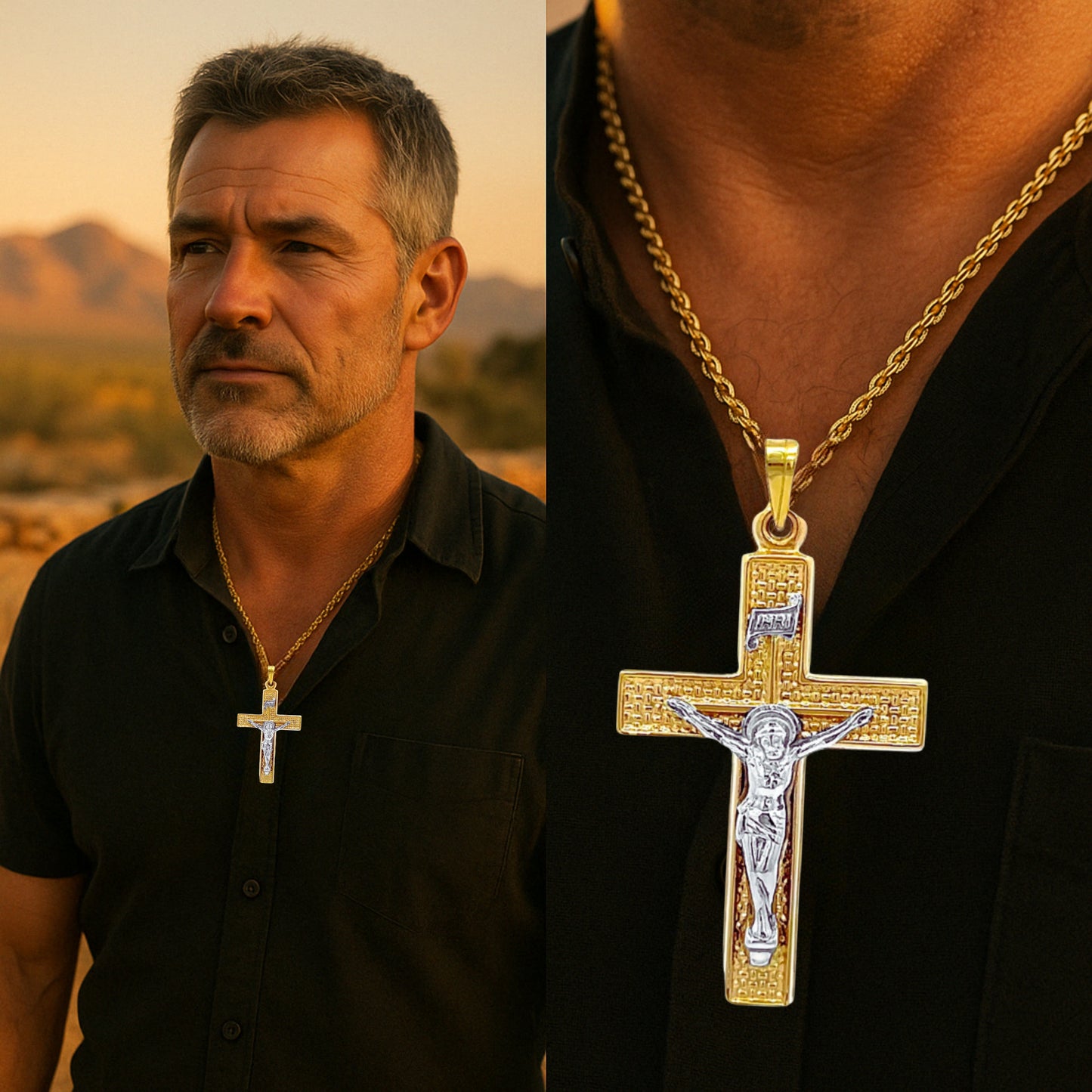14K Two Tone Gold L Crucifix lifestyle man wearing inri crucifix on chain weaved cross
