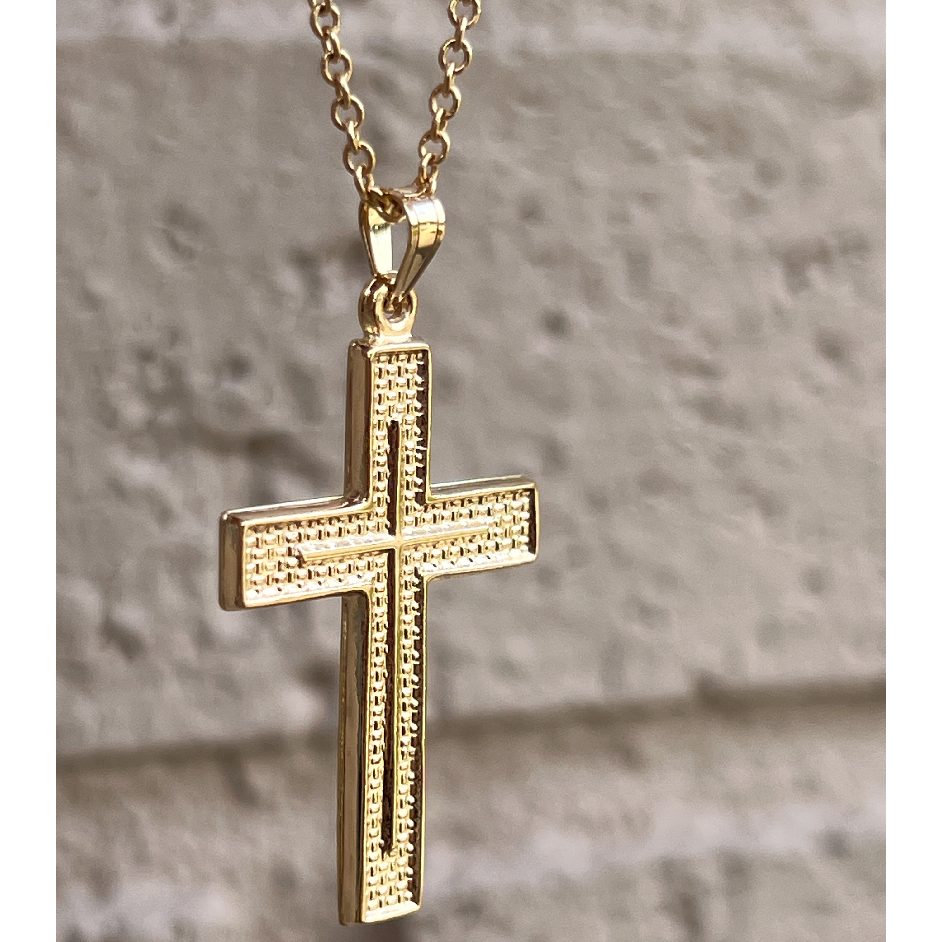 14K Yellow Gold Textured Cross L Lifestyle