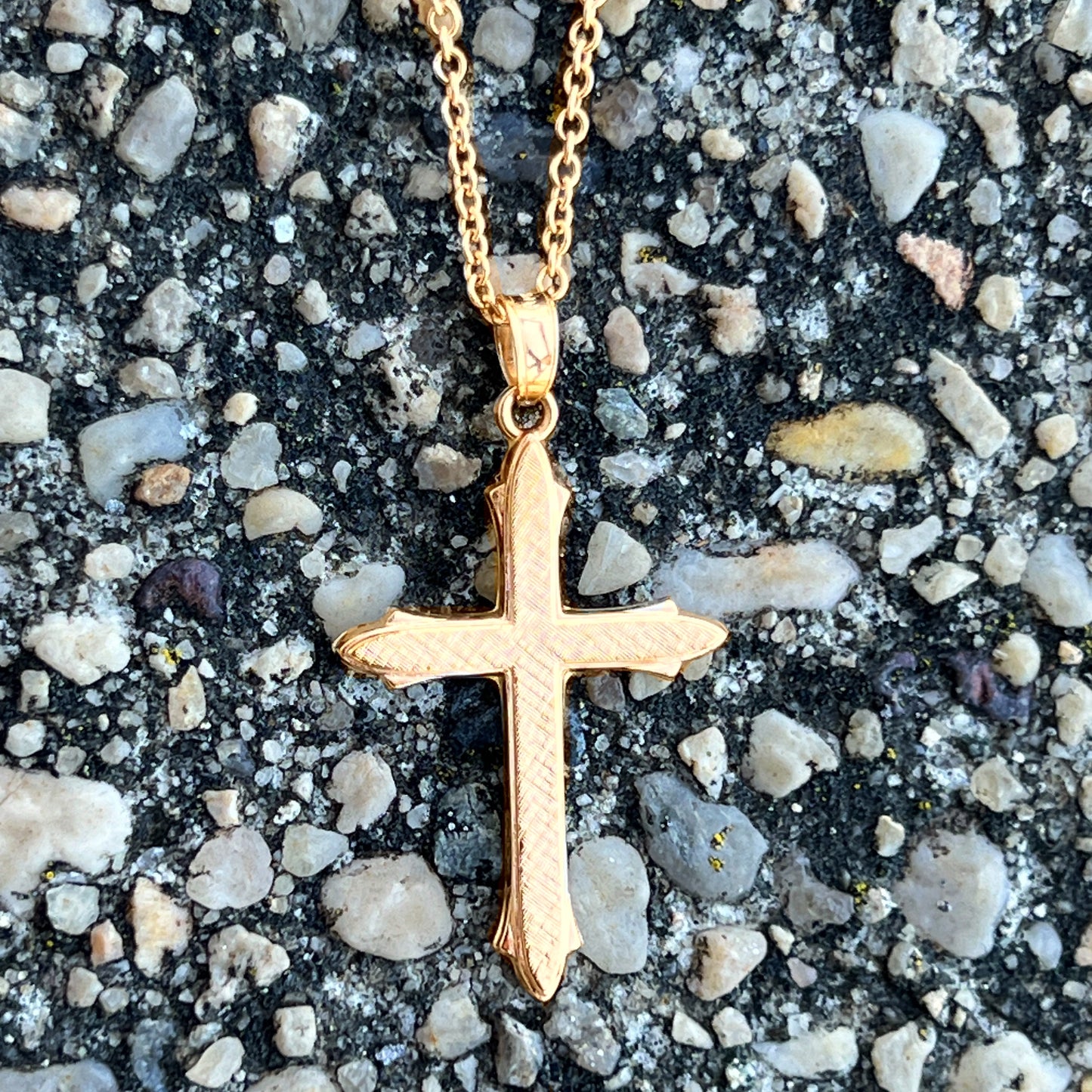 14K Yellow Gold Cross L M S Lifestyle on chain