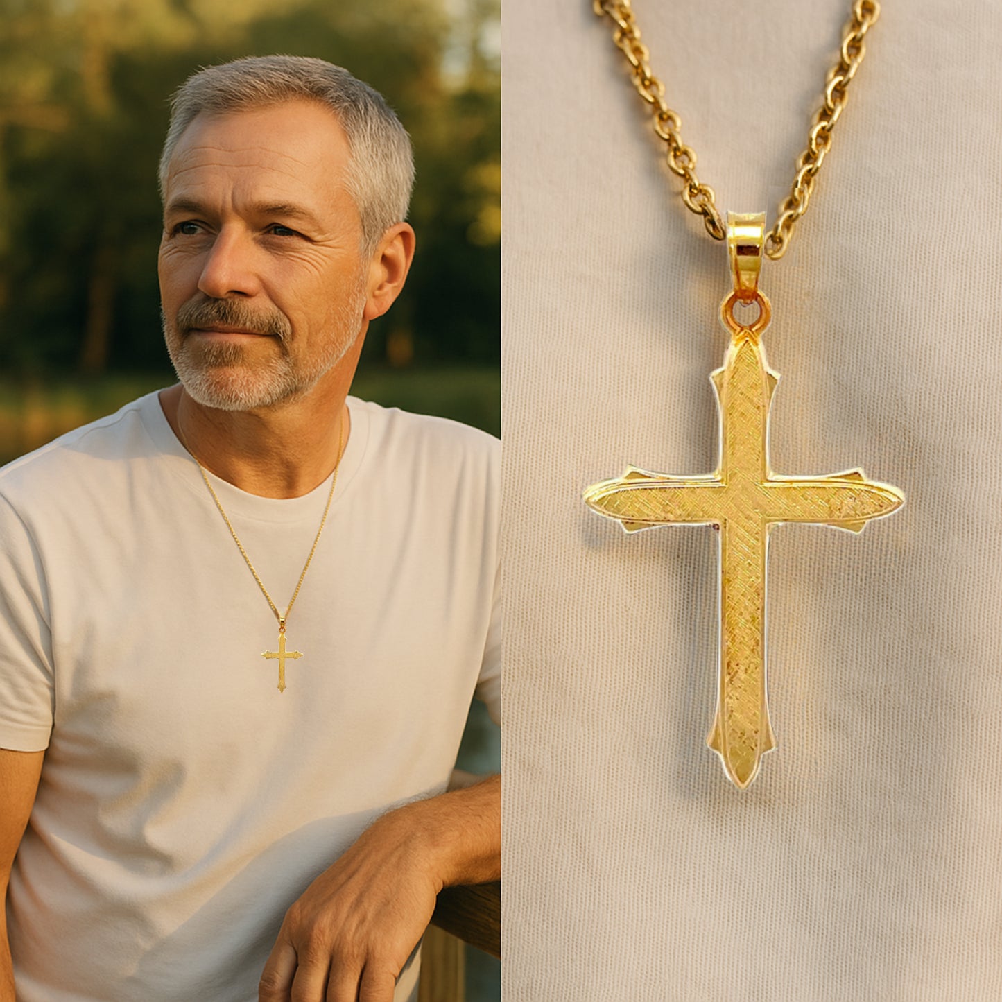 14K White Yellow Gold Cross L M S Lifestyle man wearing cross on chain