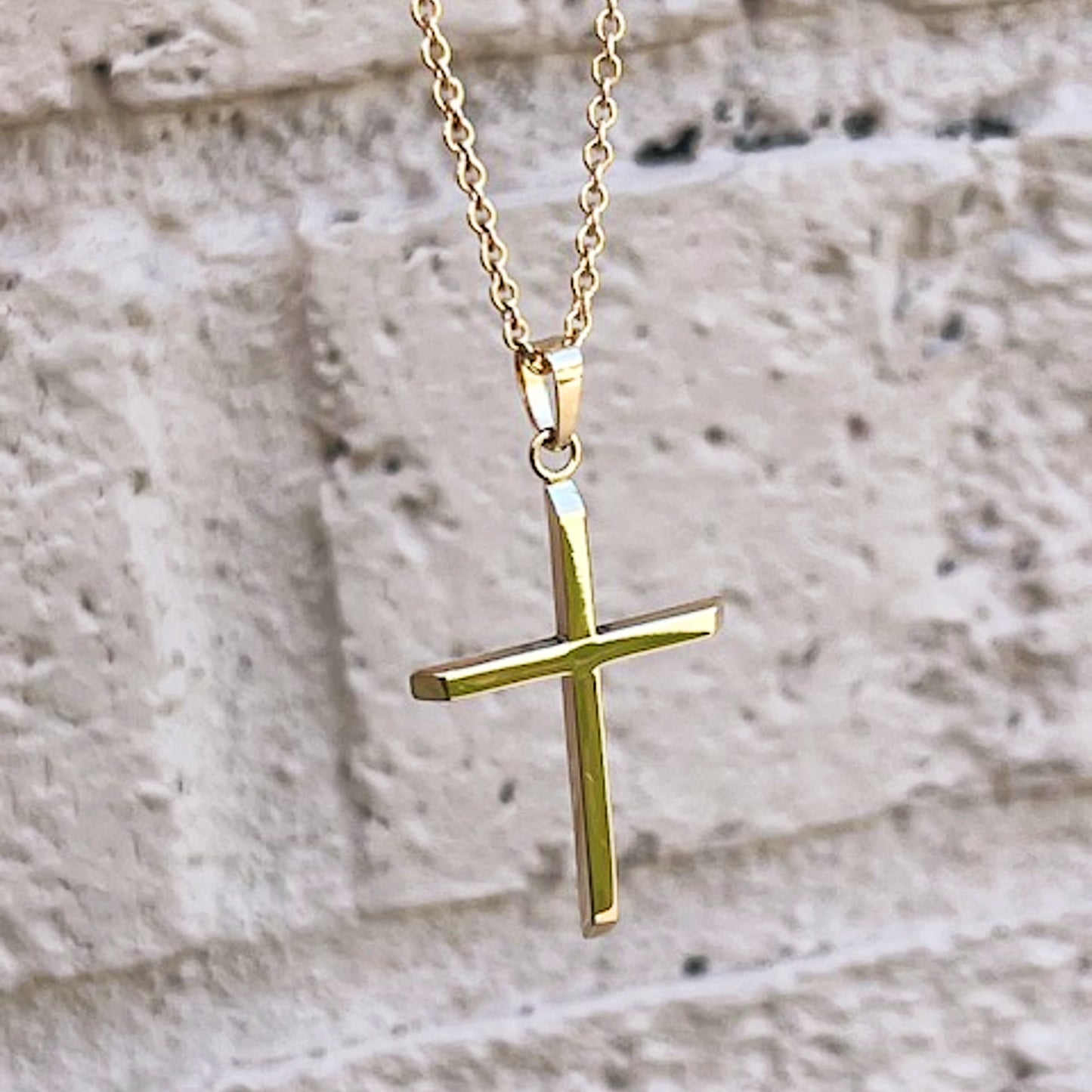 14K Yellow Gold Slim Minimalist Cross Pendant L Lifestyle on chain