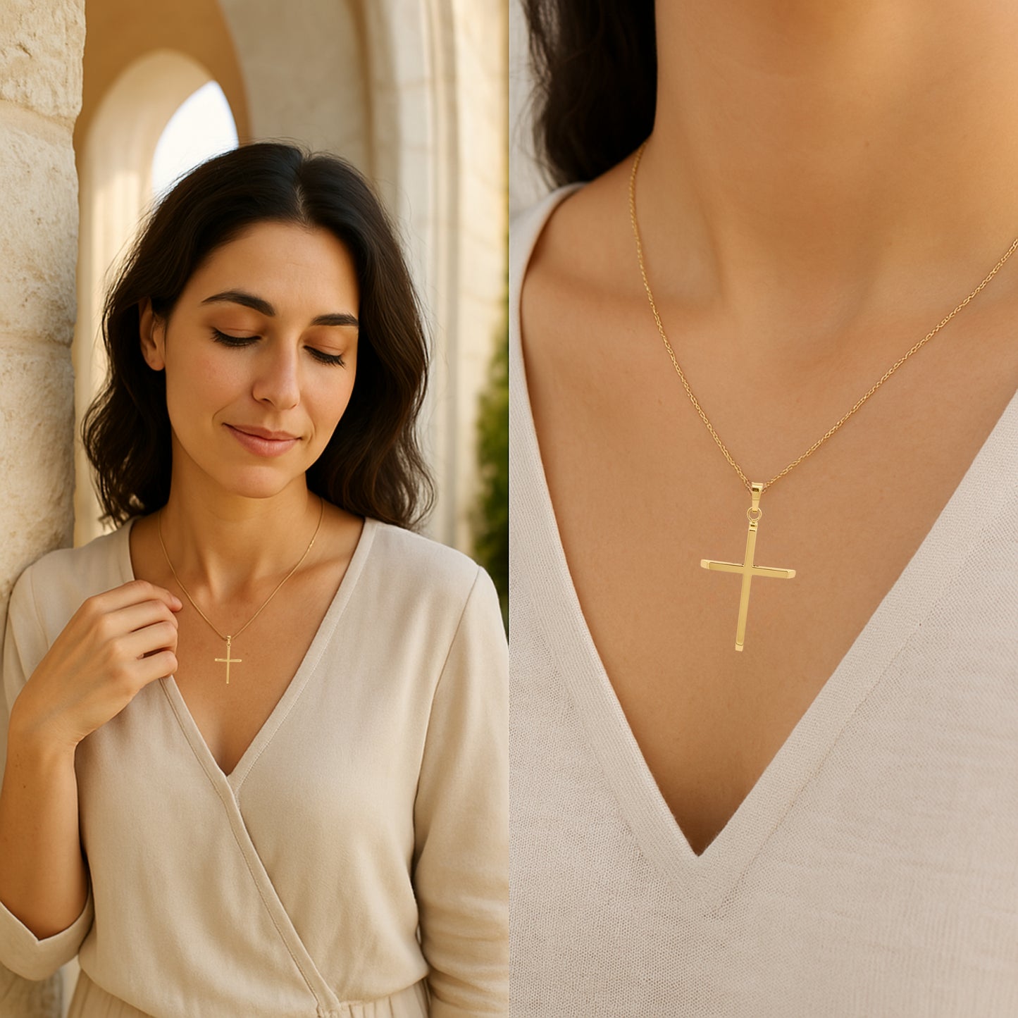 14K Yellow Gold Slim Minimalist Cross Pendant L Lifestyle woman wearing pendant on necklace