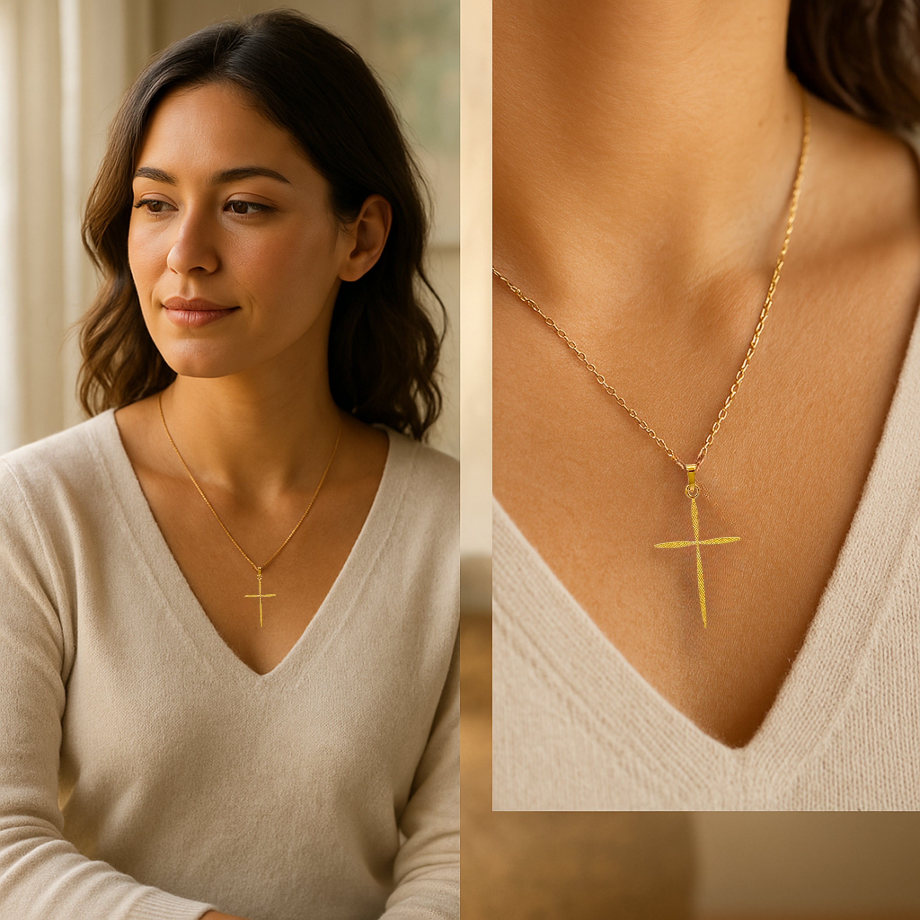 14K Yellow Gold Cross L M S Lifestyle woman wearing cross on chain