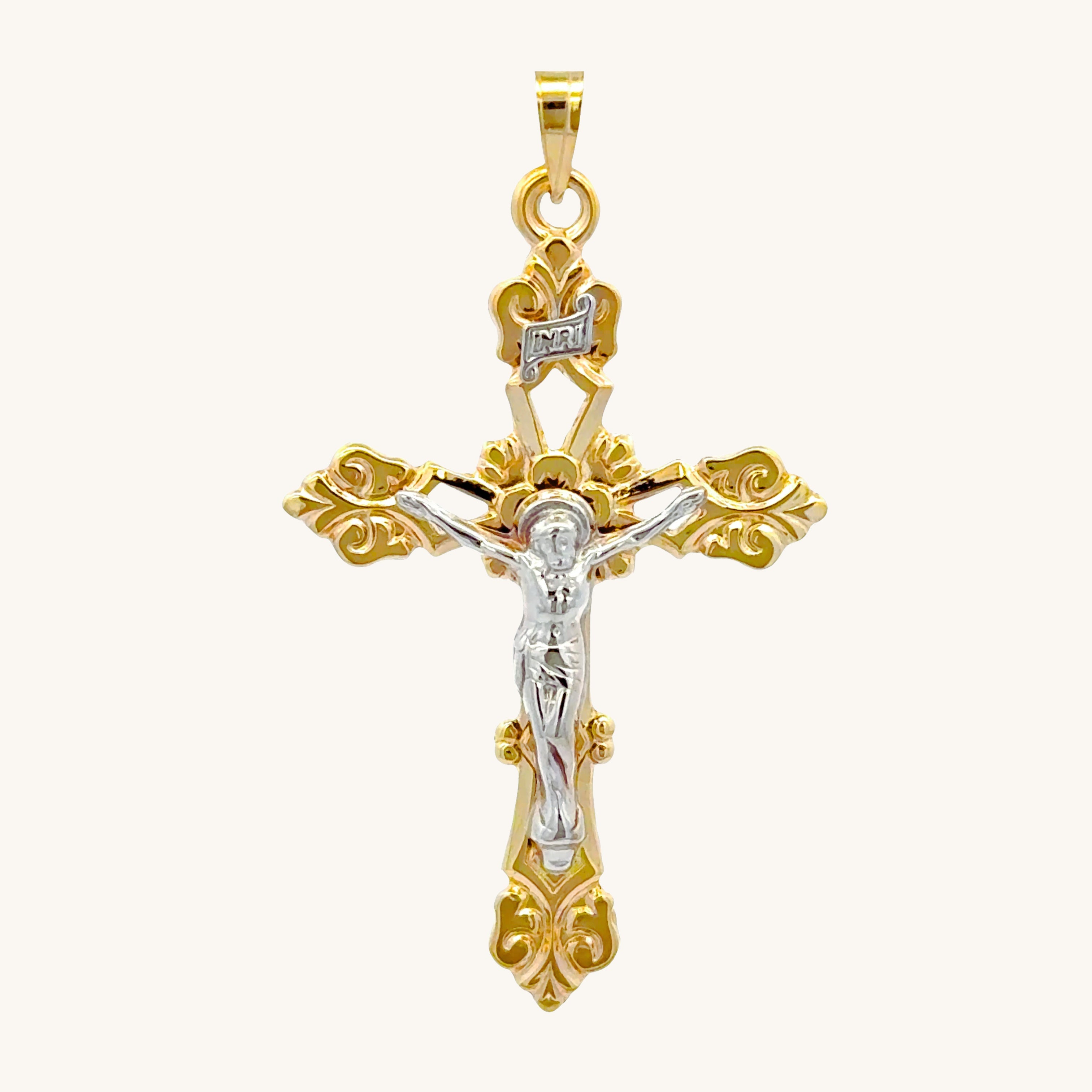 SOLID 14K GOLD BAROQUE INRI CRUCIFIX PENDANT | Cross + Crown