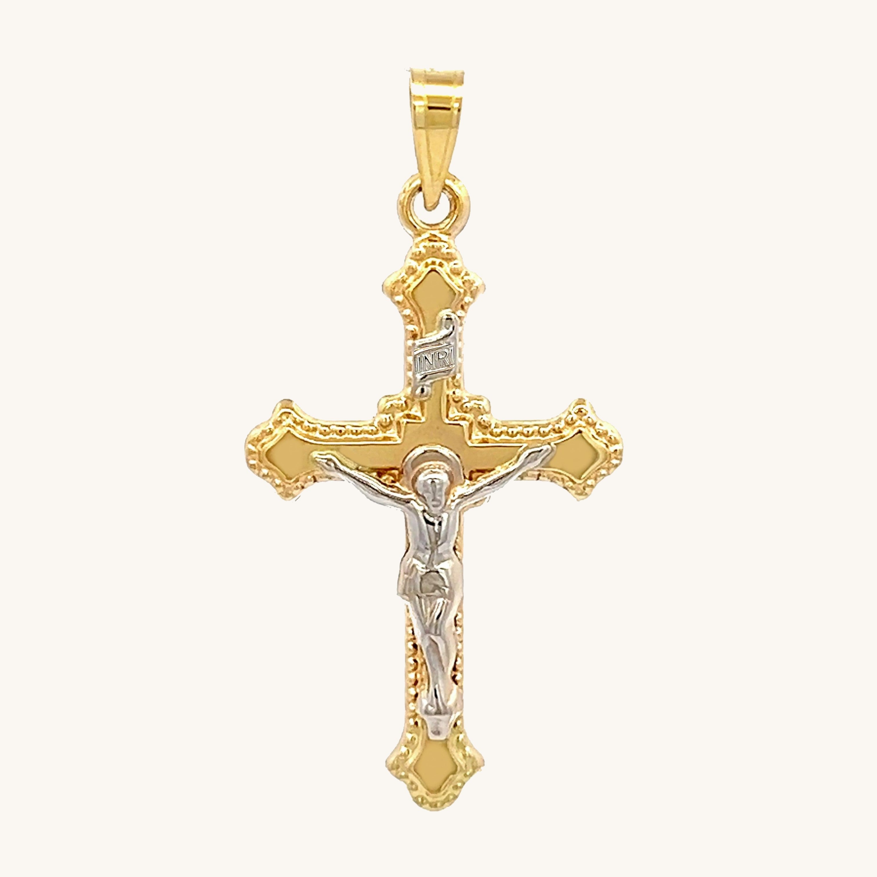 14K GOLD BUDDED EDGE INRI CRUCIFIX PENDANT | Cross + Crown