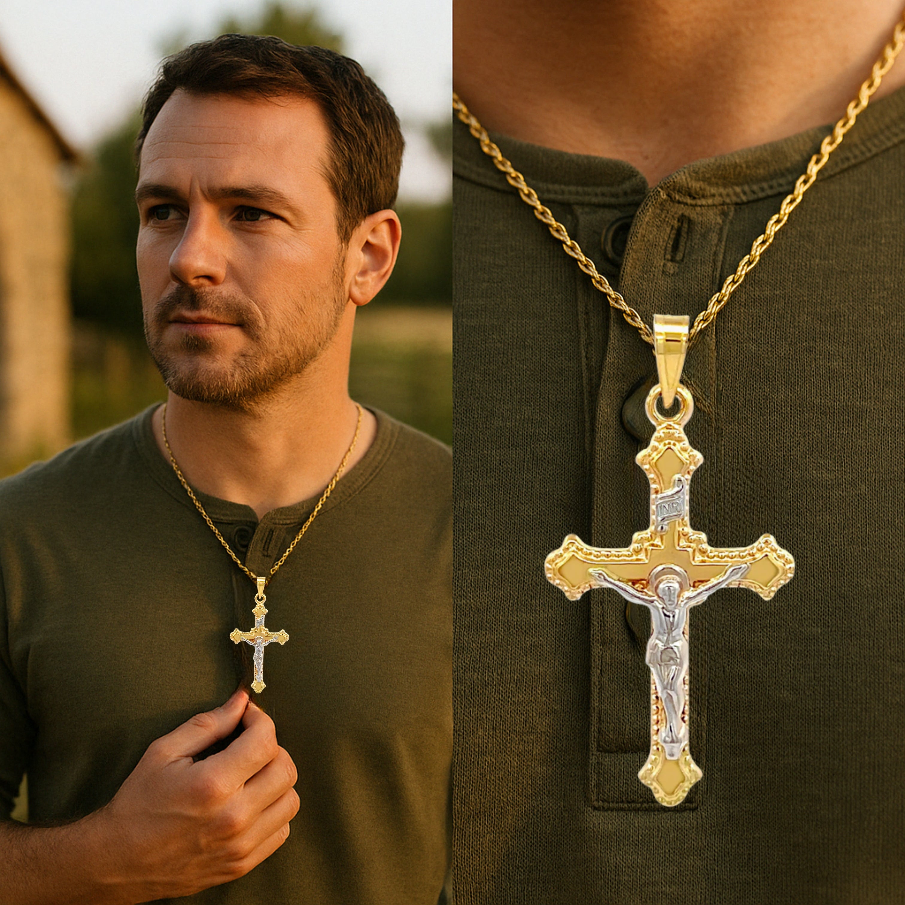 14K White Two Tone Gold Crucifix M S XS XL Lifestyle man wearing inri crucifix on chain