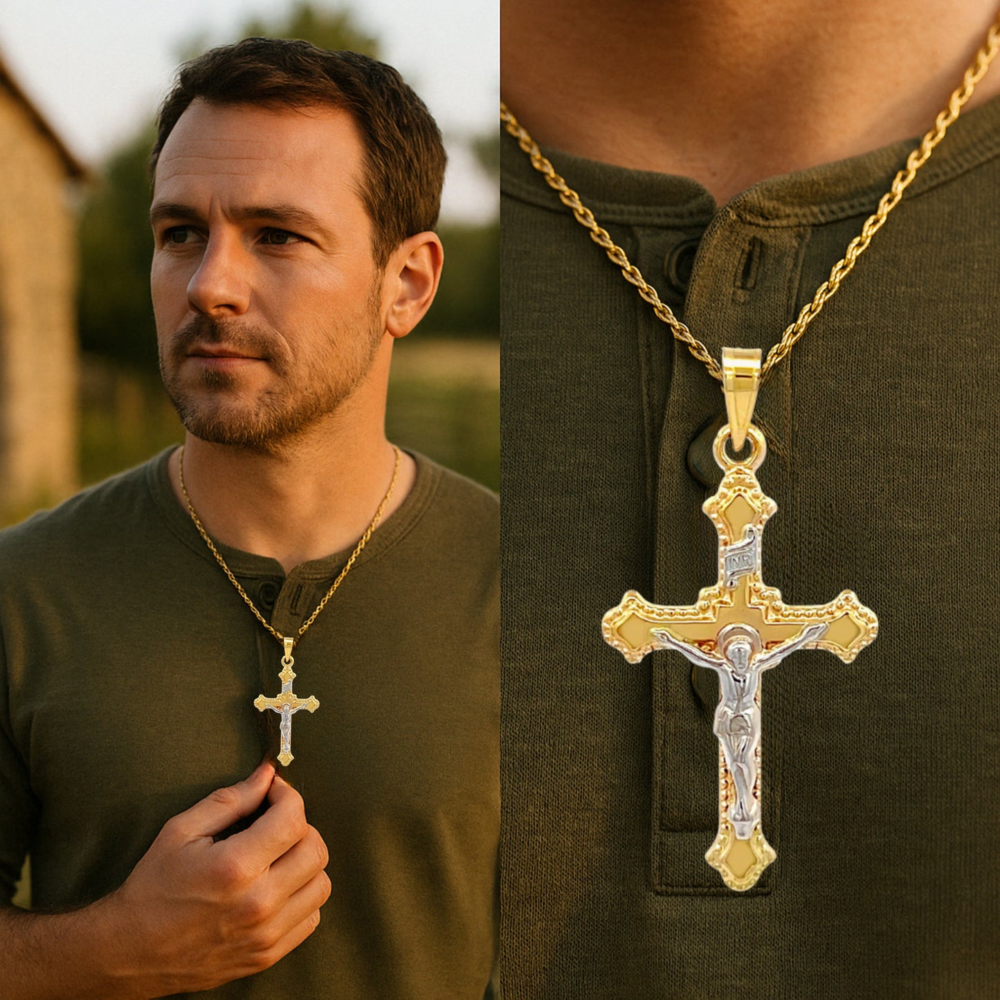 14K White Two Tone Gold Crucifix M S XS XL Lifestyle man wearing inri crucifix on chain
