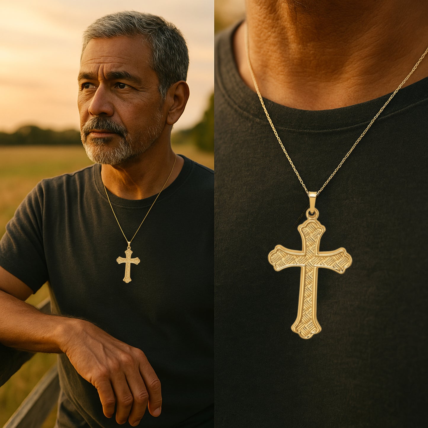 14K Yellow Gold XL Crosshatch design Cross Pendant lifestyle man wearing cross on chain