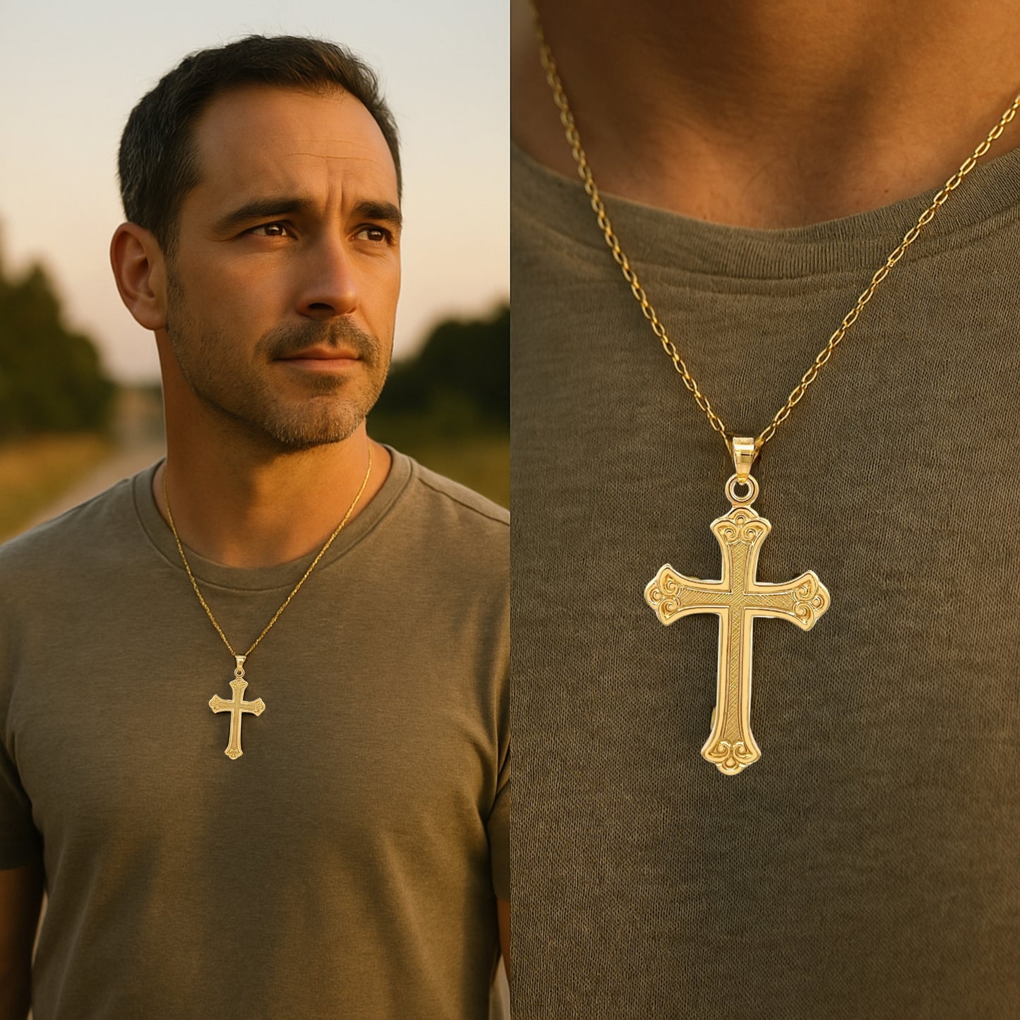 14K White Yellow Gold Cross XXL XL M S Lifestyle man wearing pendant